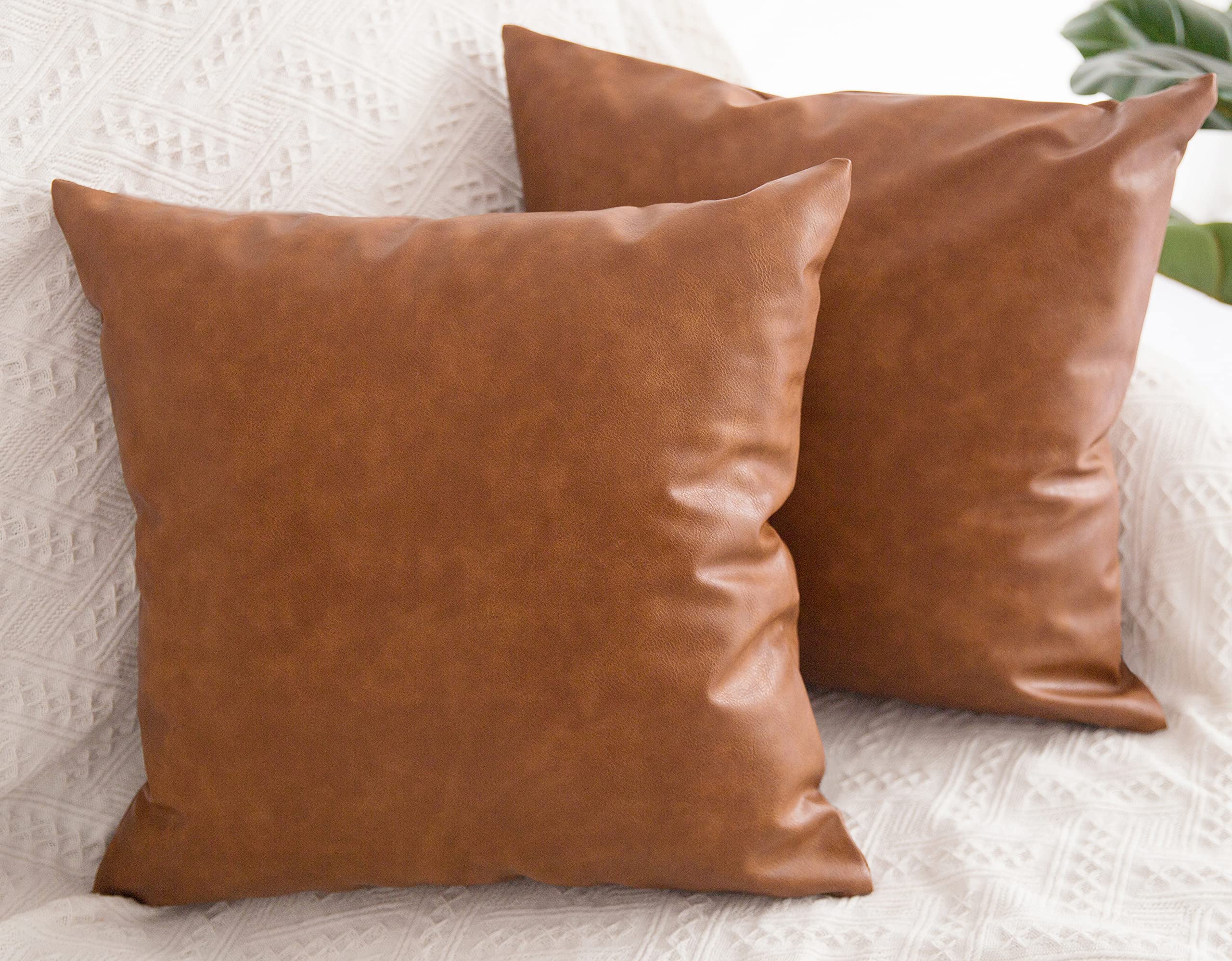 Homfiner Faux Leather Throw Pillow Covers 22X22 Inch, Set Of 2 Thick Cognac Brown Modern Solid Decorative Square Minimalist Cush