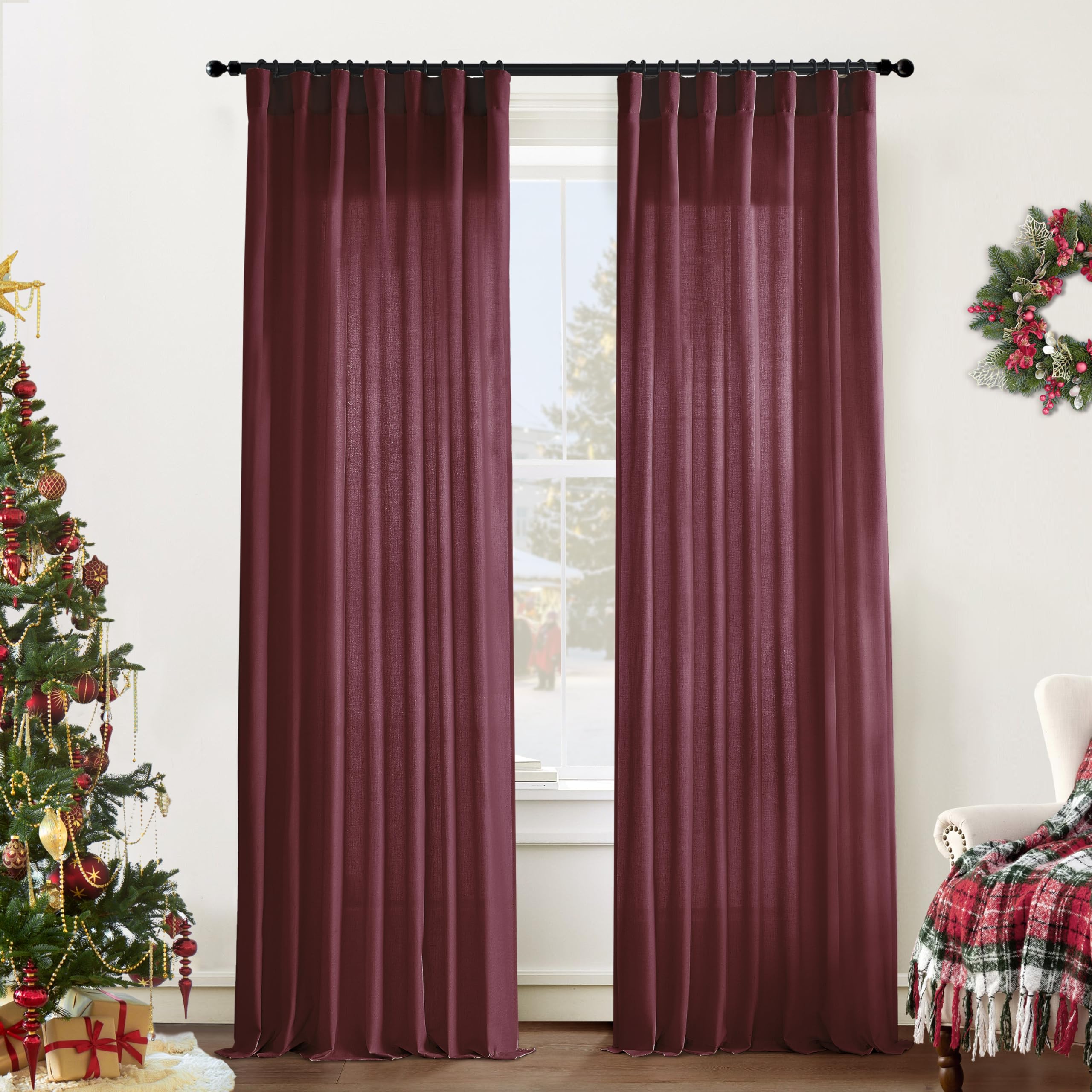 Burgundy Red Sheer Valentines Curtains For Living Room 2 Panels Set 84 Inches Long Elegant Linen Back Tab Hook Pleated Vintage C