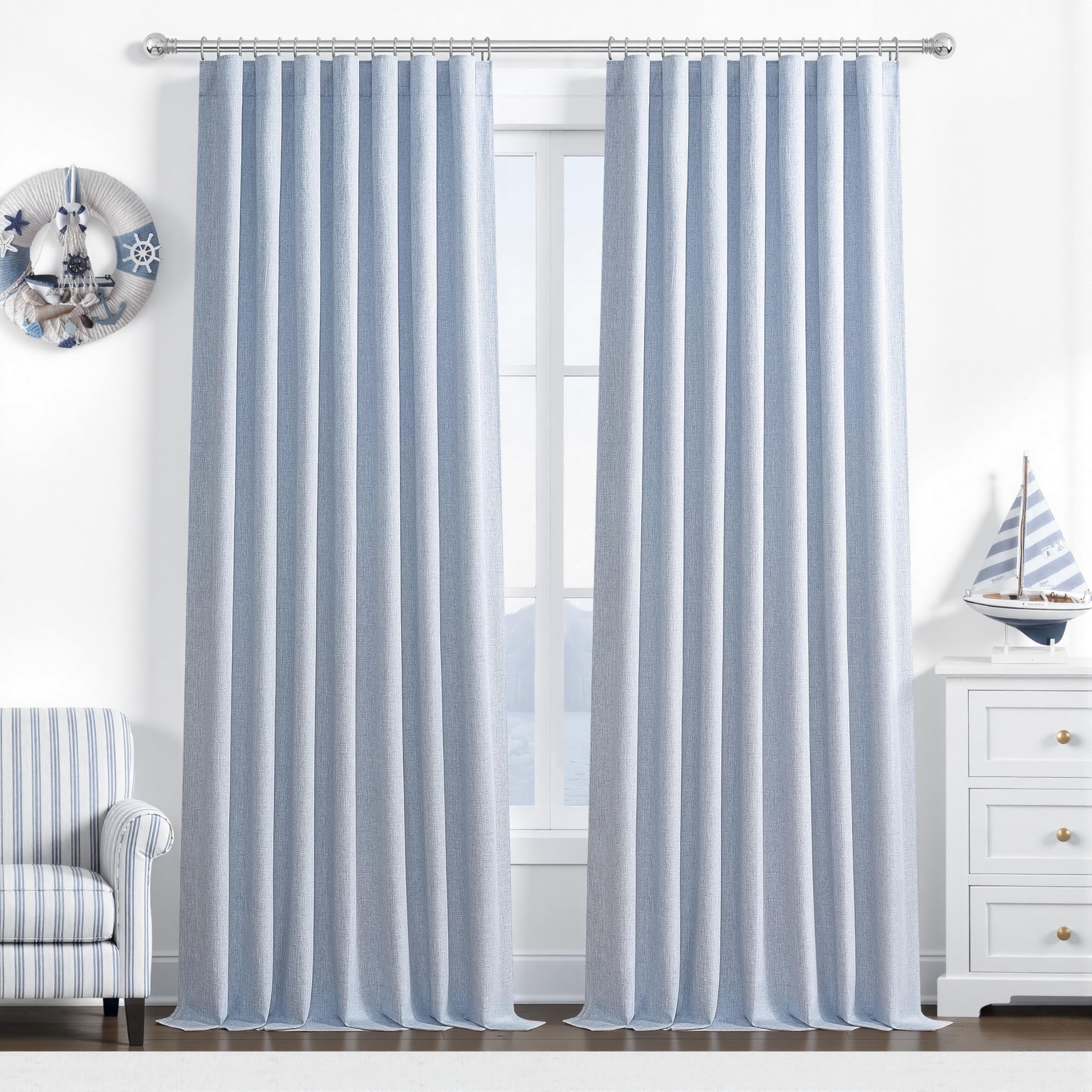 Dusty Blue Blackout Nursery Curtains 102 Inch Length for Kids/Boys Rooms/Bedroom, Floor to Ceiling Track Pleated Large Window Dr