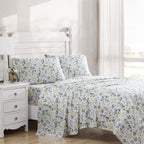 Laura Ashley Home - King Sheets, Soft Sateen Cotton Bedding Set - Sleek, Smooth, & Breathable Home Decor, Meadow Floral Blue