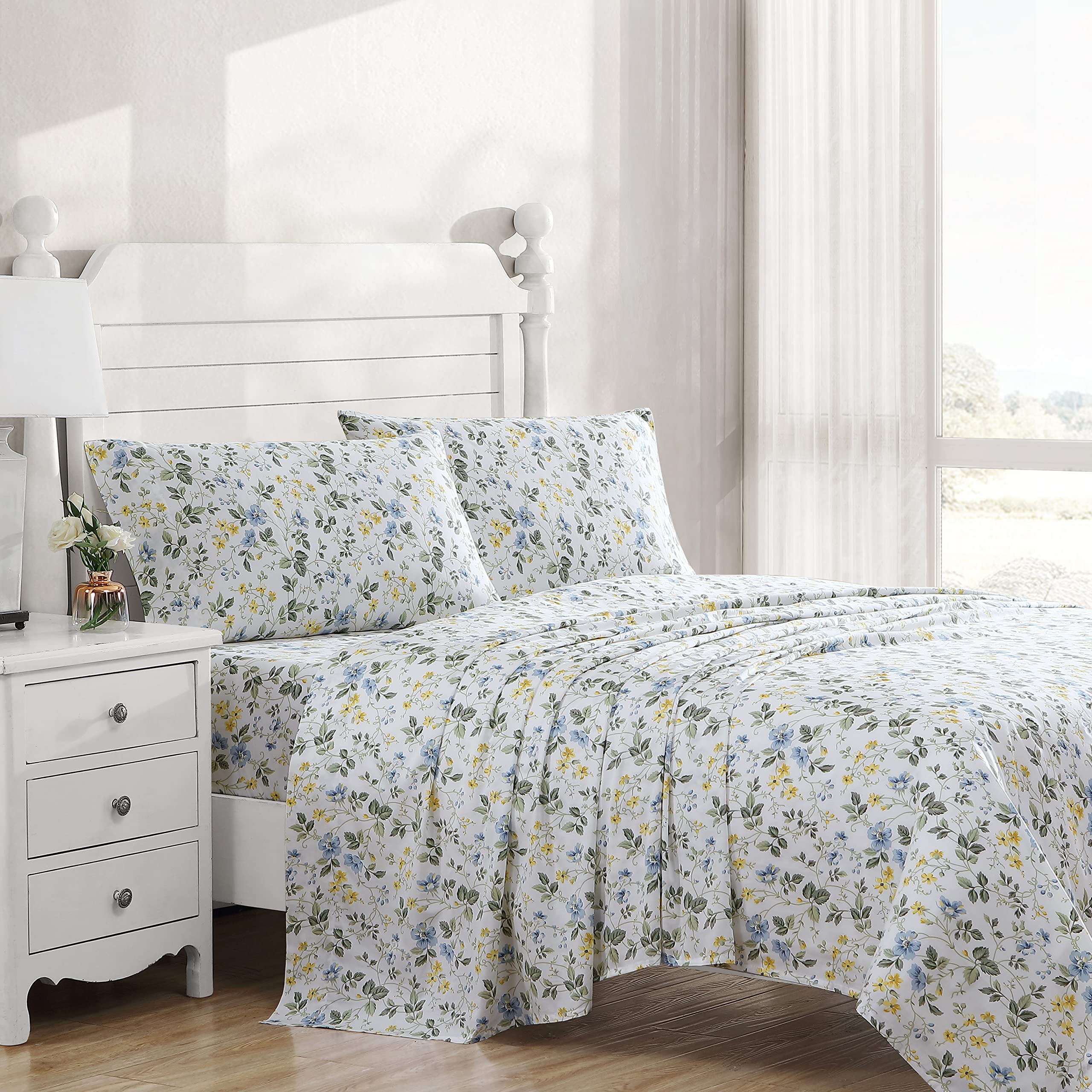 Laura Ashley Home - King Sheets, Soft Sateen Cotton Bedding Set - Sleek, Smooth, & Breathable Home Decor, Meadow Floral Blue