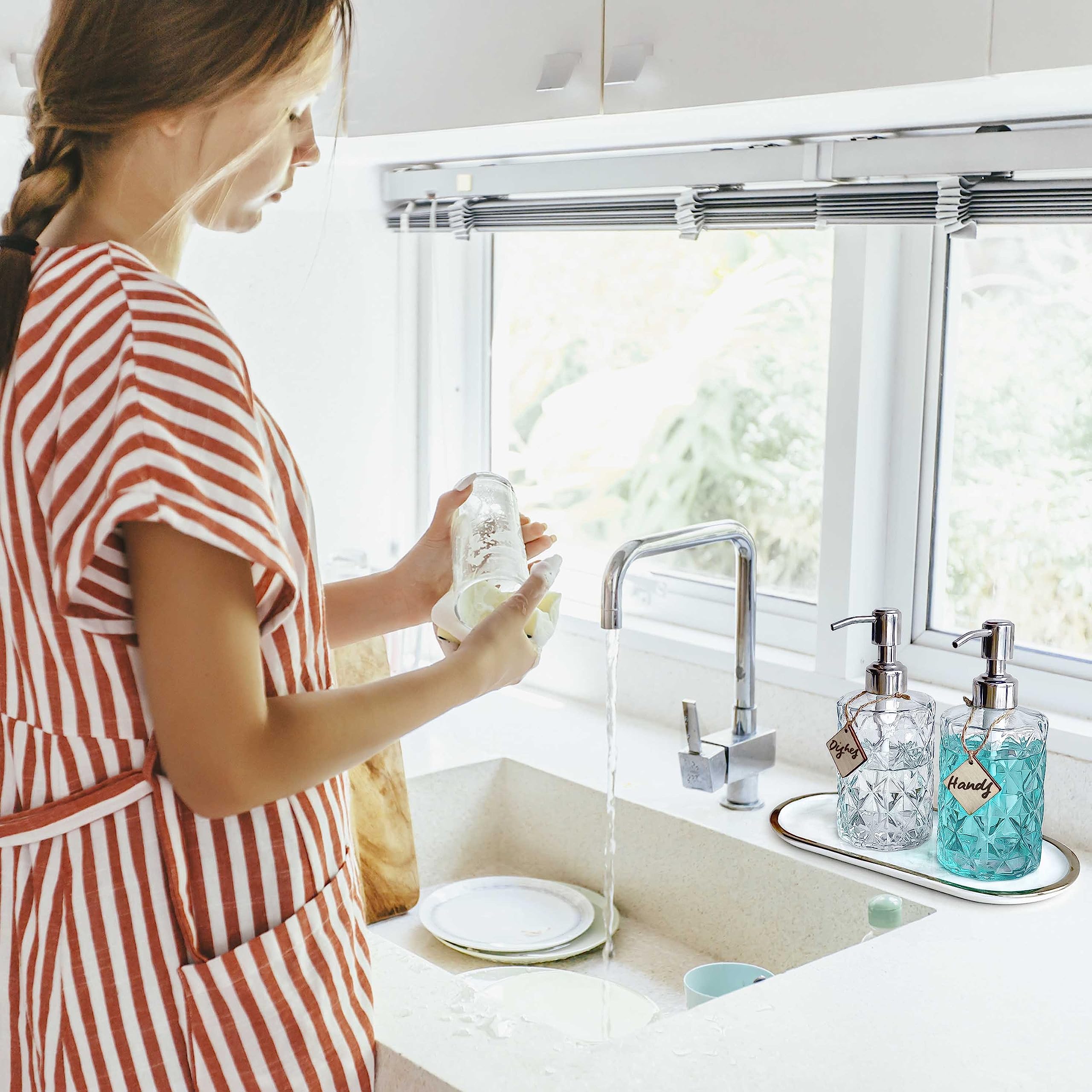 Jasai 2Pack Diamond Embossed Glass Soap Dispenser With 304 Rustproof Stainless Steel Pump, 12 Oz Bathroom Soap Dispenser With A