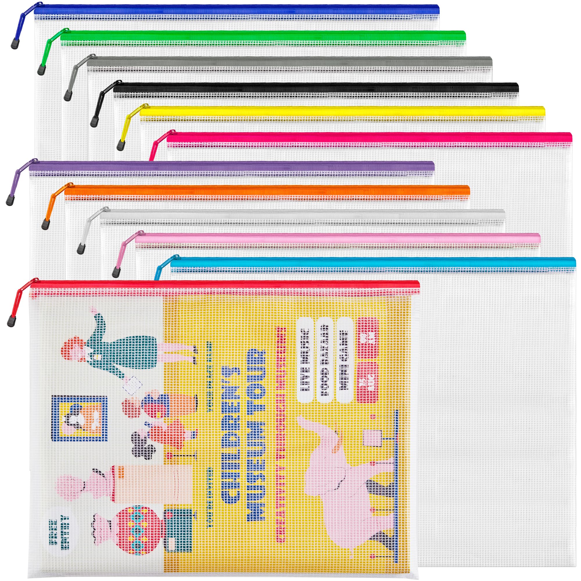 Jarlink A3 (16.9X12.4 In, 12 Pcs) Mesh Zipper Pouch, 12 Colors Extra Large Zipper Bags, Waterproof File Pouches For Office Suppl