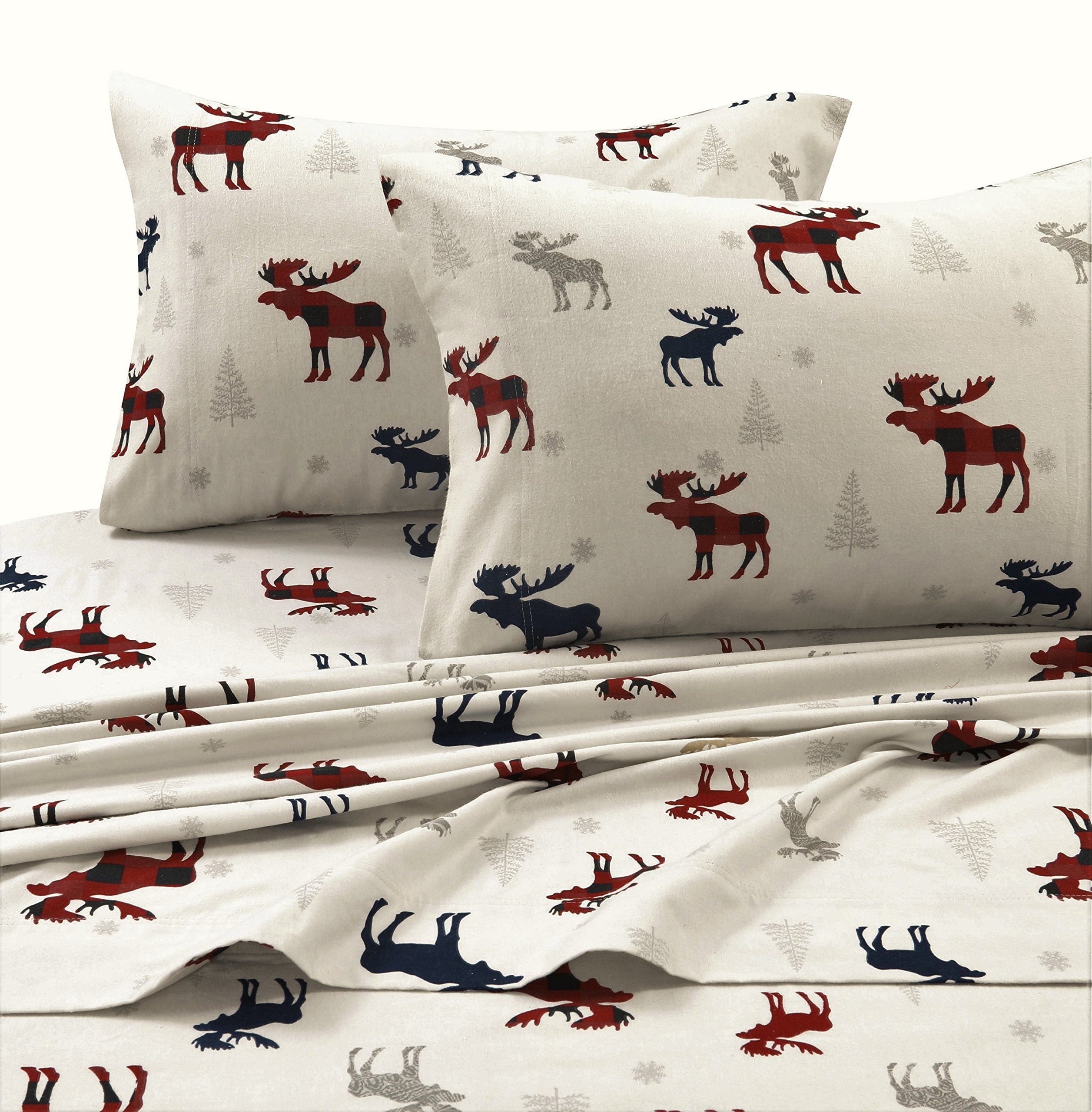 Tribeca Living 100% Cotton Flannel Sheet Set - Deep Pocket, 170-Gsm, Ultra Soft & Cozy Bedding For Winter, Cal King, Plaid Moose