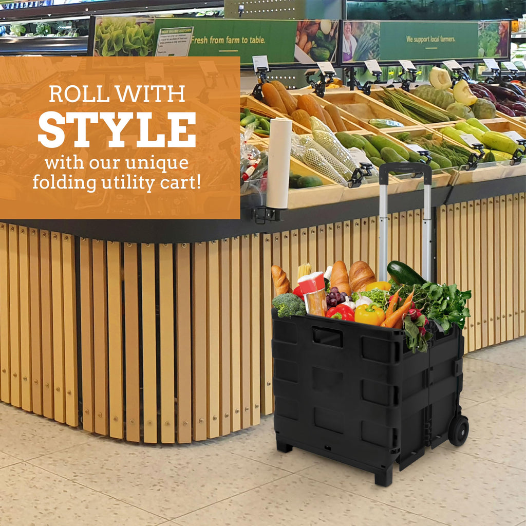 Inspired Living Collapsible Ultra-Slim Pack-N-Roll, 2 Wheel Utility Cart , With Telescopic Handle - Super Strong Up To 80 Lbs Load Capacity, Black