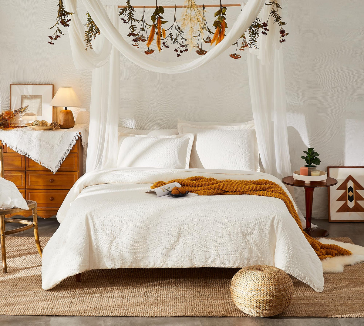 Geniospin Queen Comforter Set, Bed In A Bag Ivory White 7-Pieces, Botanical Pattern, All Season Comfortable Seersucker Bedding W