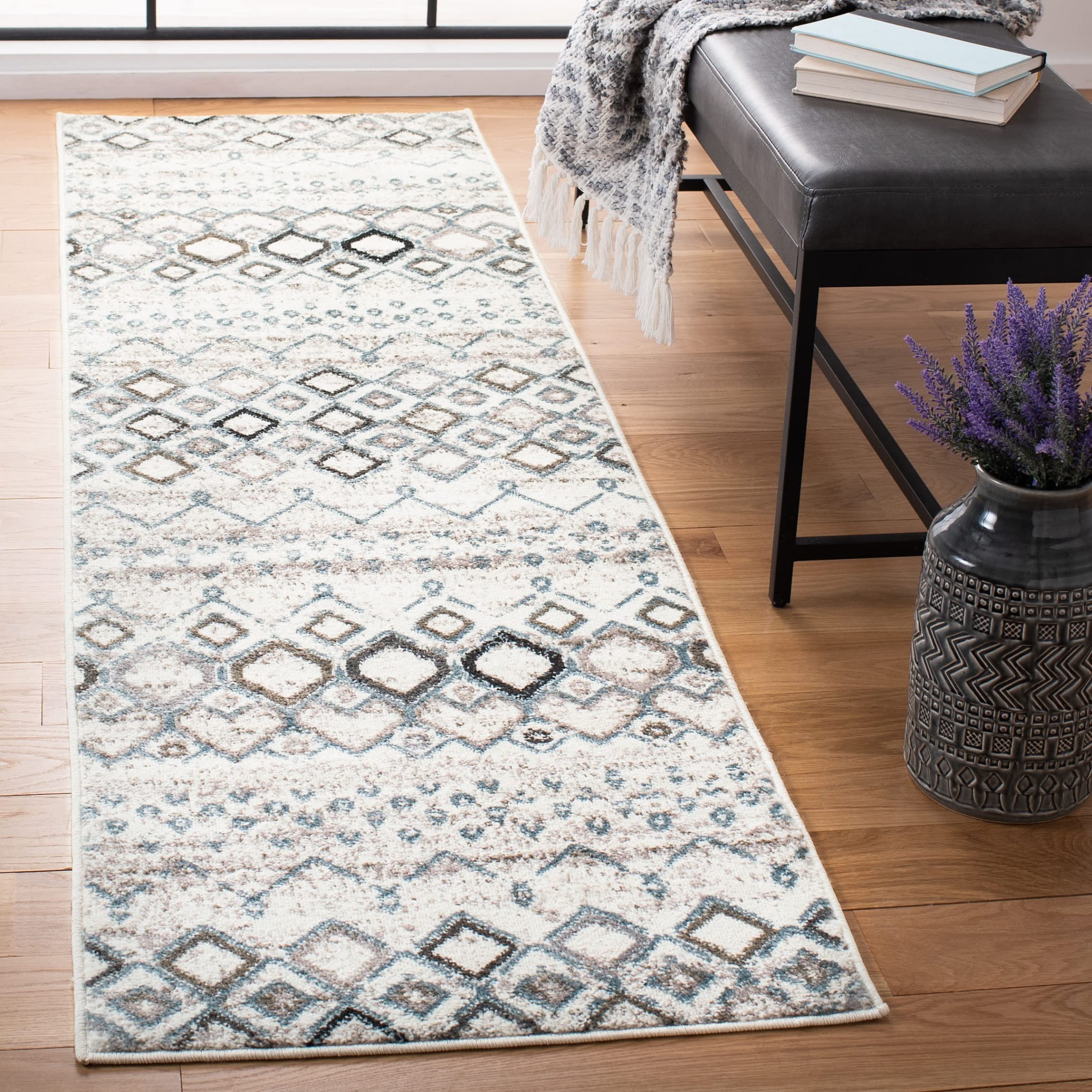SAFAVIEH Amsterdam Collection Runner Rug - 2'3'' x 8', Ivory & Grey, Moroccan Boho Design, Non-Shedding & Easy Care, Ideal for H