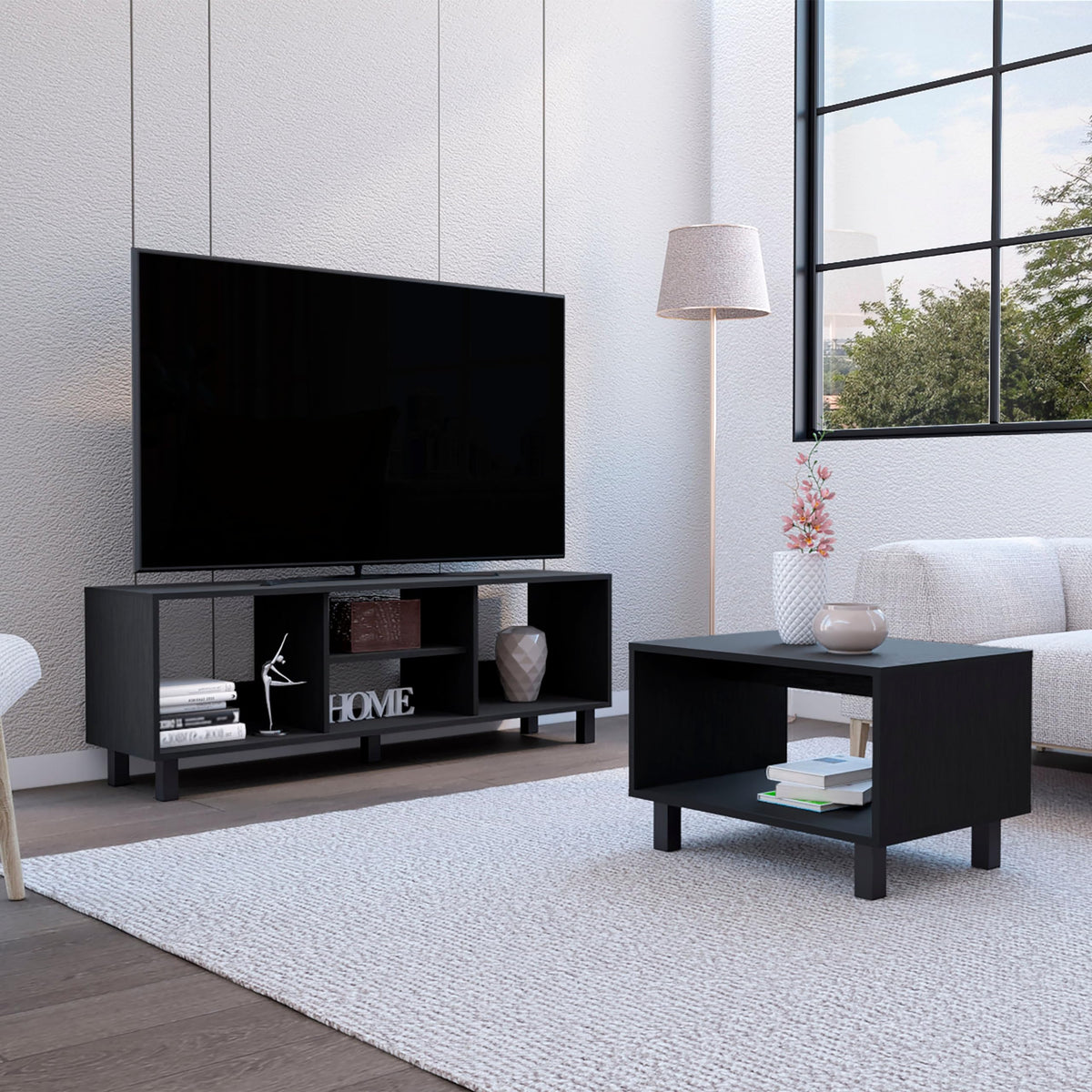 Depot E-Shop Carter 2 Piece Living Room Set, Streamlined With Tv Stand And Coffee Table, Black