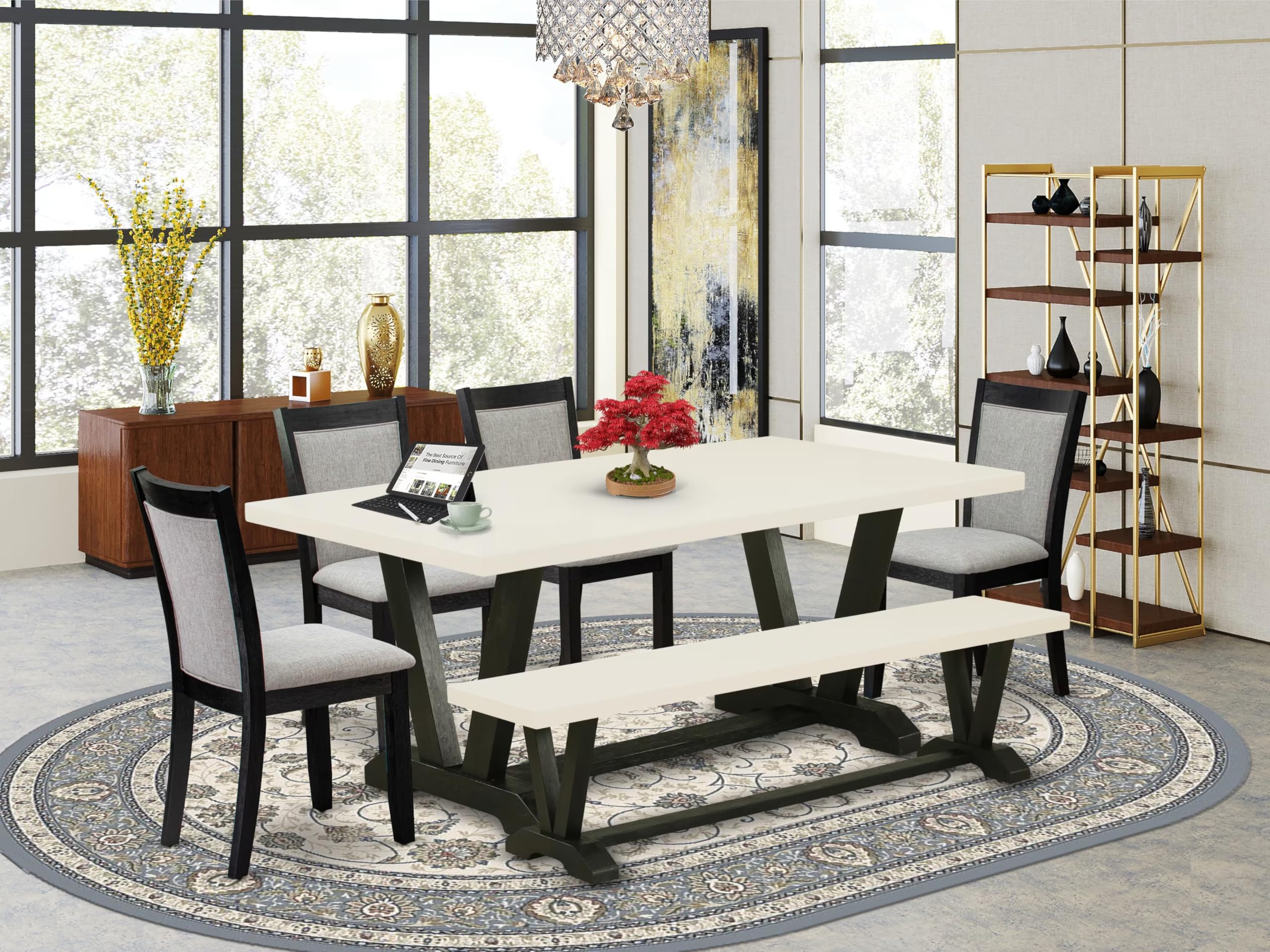 East West Furniture V627MZ606-6 6 Piece Dining Set Contains a Rectangle Dining Room Table with V-Legs and 4 Shitake Linen Fabric Parson Chairs with a Bench, 40x72 Inch, Multi-Color