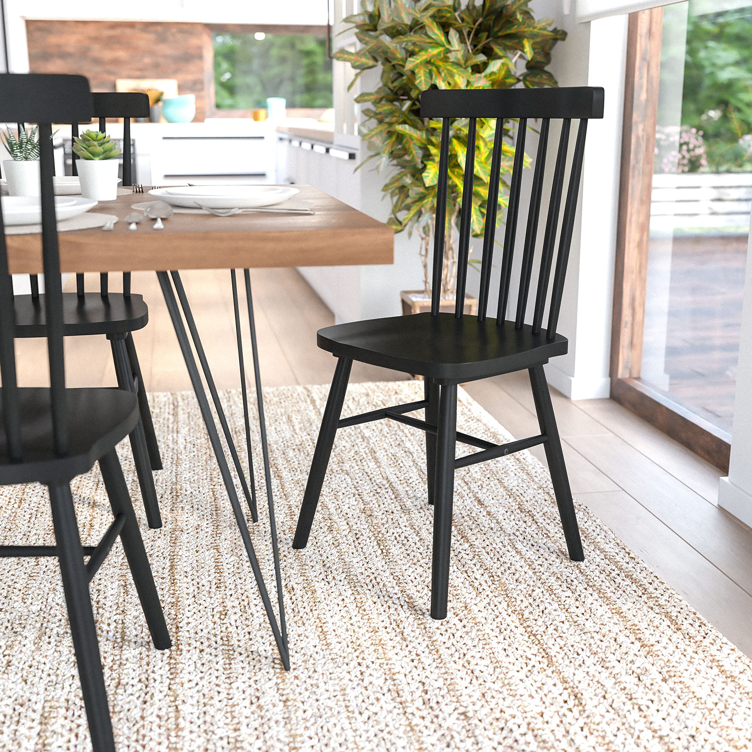 Flash Furniture Ingrid Commercial Windsor Solid Wood Dining Room Chairs, Modern Armless Dining Chairs For Kitchens And Restaurants, Set Of 2, Black