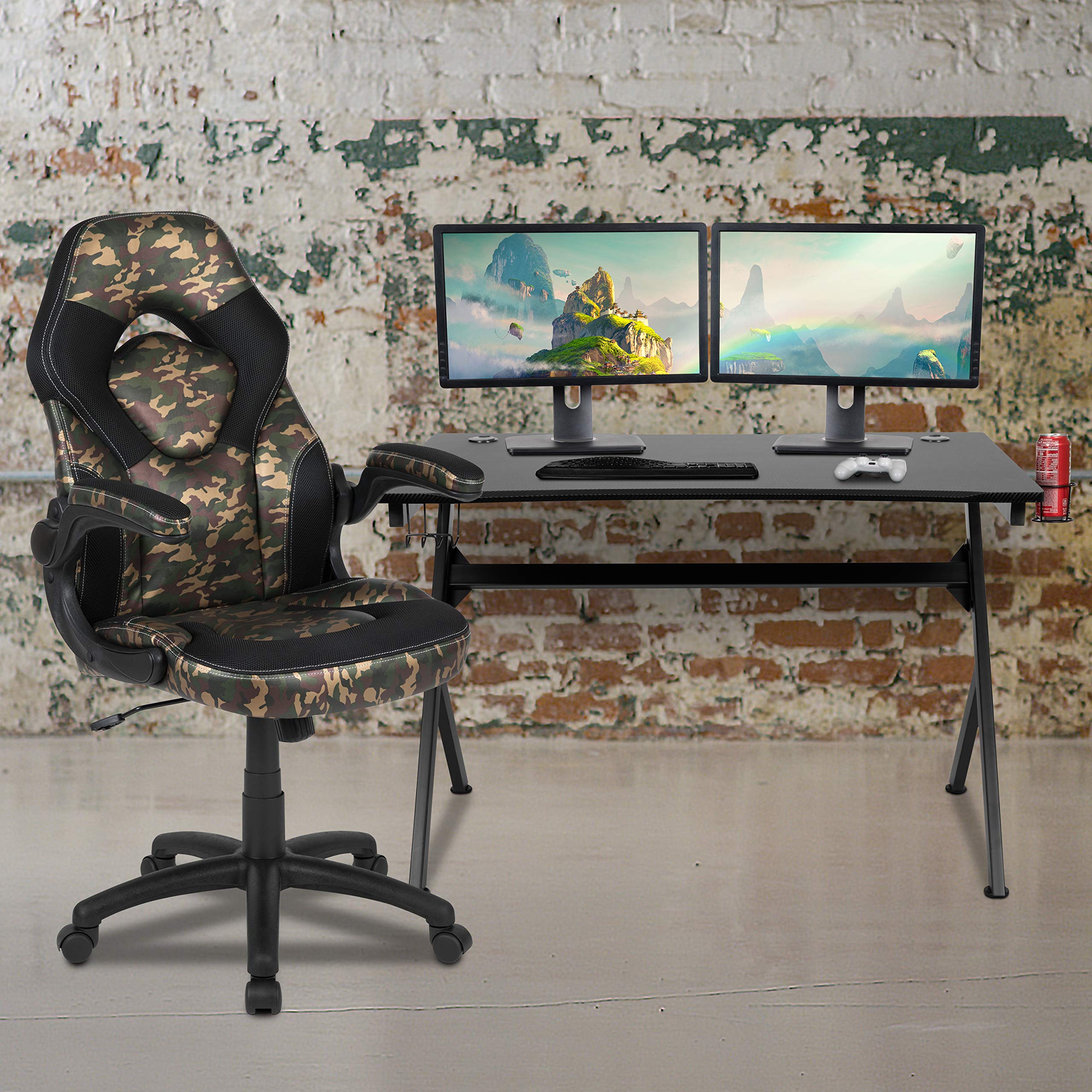 Flash Furniture Optis Black Gaming Desk And Camouflage/Black Racing Chair Set With Cup Holder, Headphone Hook & 2 Wire Management Holes