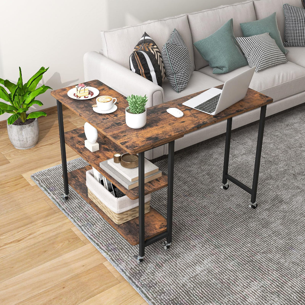 Giantex 360° Free Rotating Sofa Side Table, Mobile L-Shaped Laptop Desk With Sturdy Metal Frame, 6 Universal Casters, Movable Couch Snack Table With 2-Tier Storage Shelf For Home (Rustic Brown)