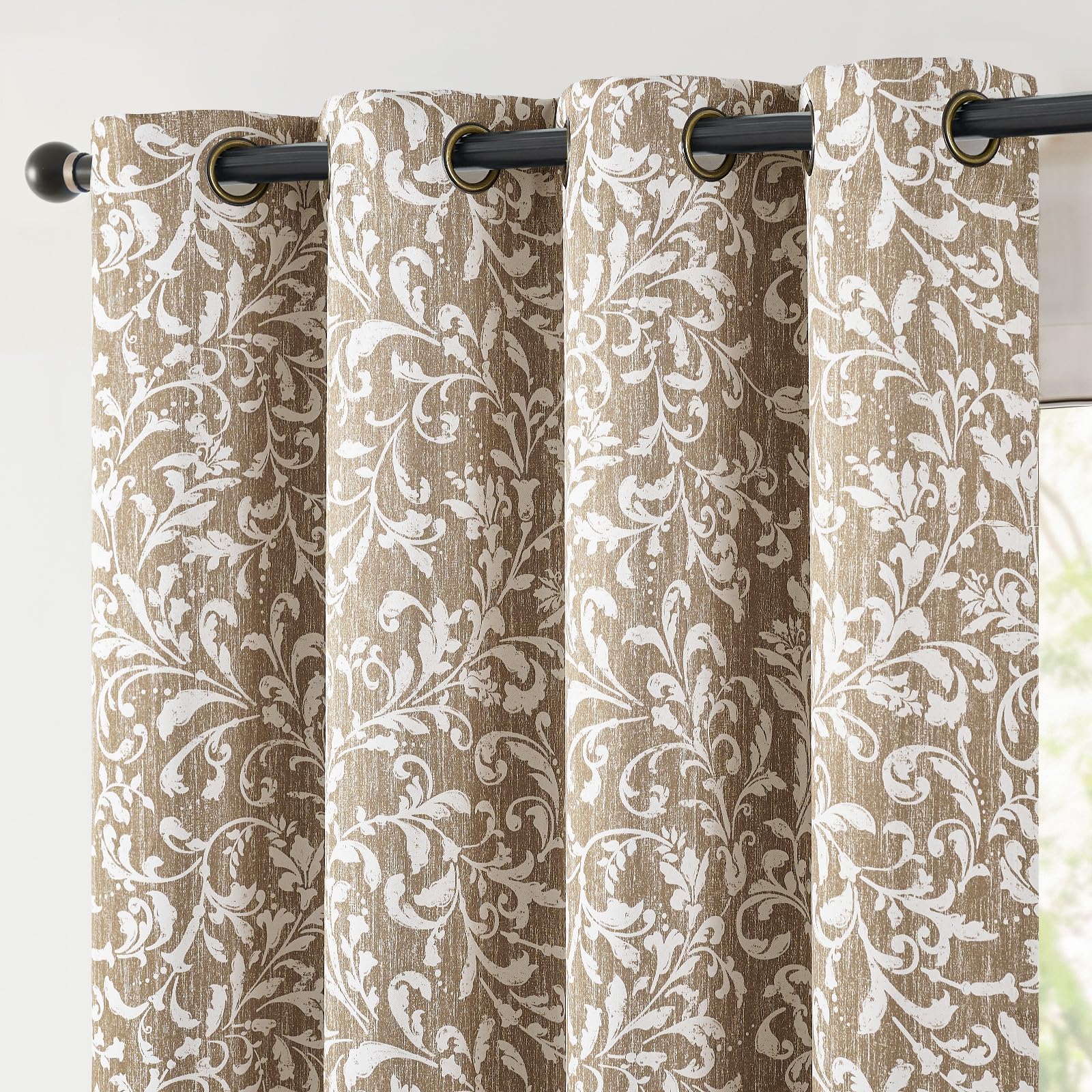 Jinchan 100% Blackout Curtains For Bedroom, Taupe Scroll Floral Patterned Curtains 108 Inch Length For Living Room, Farmhouse Vi