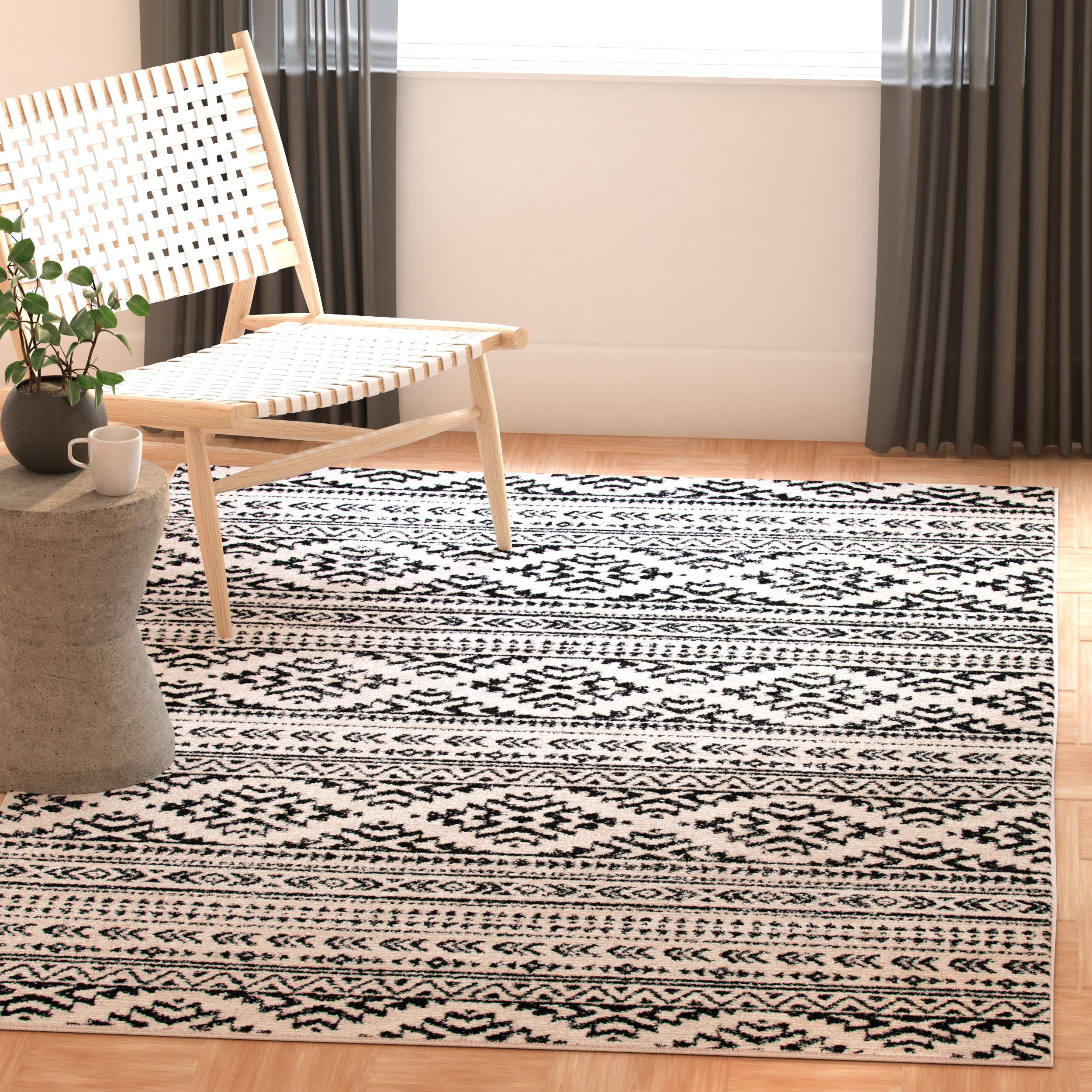 SAFAVIEH Tulum Collection 3 Square Ivory / Black TUL272B Moroccan Boho Tribal Non-Shedding Living Room Bedroom Accent Rug