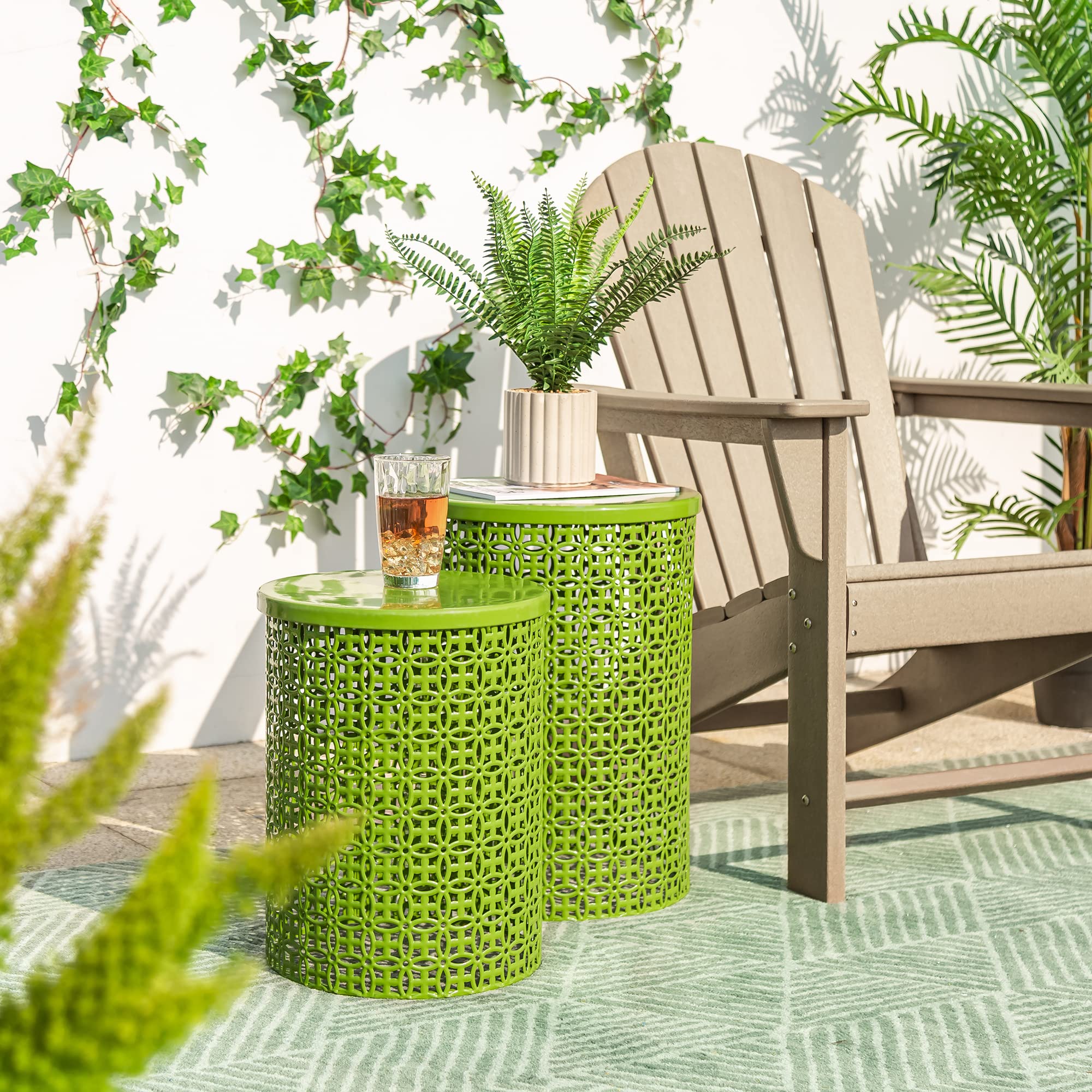 Glitzhome Nesting Side Table Set Of 2 Decorative Garden Stools For Indoor Outdoor Heavy Duty Metal Frame Side Table Modern End Table, Glossy Green
