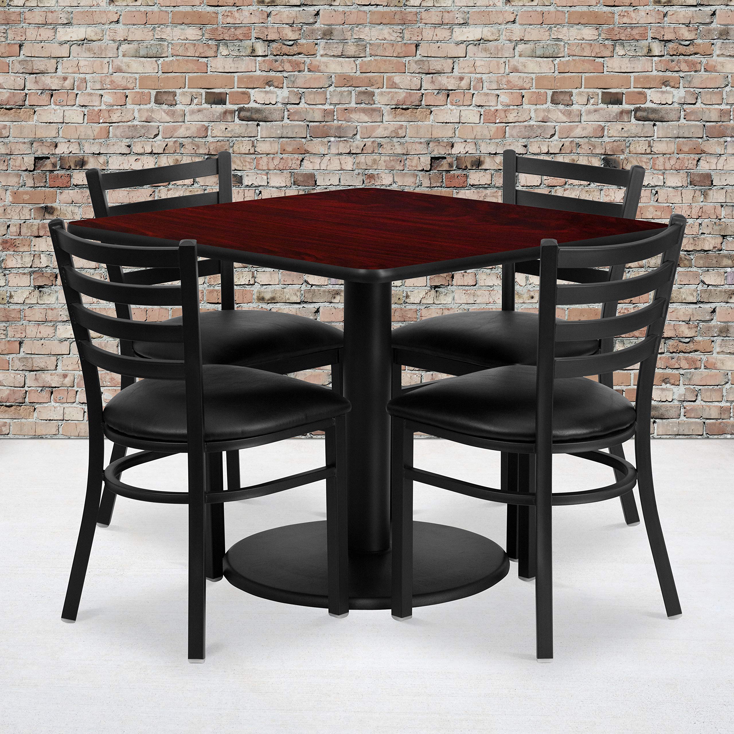 Flash Furniture Jamie 36'' Square Mahogany Laminate Table Set With Round Base And 4 Ladder Back Metal Chairs - Black Vinyl Seat