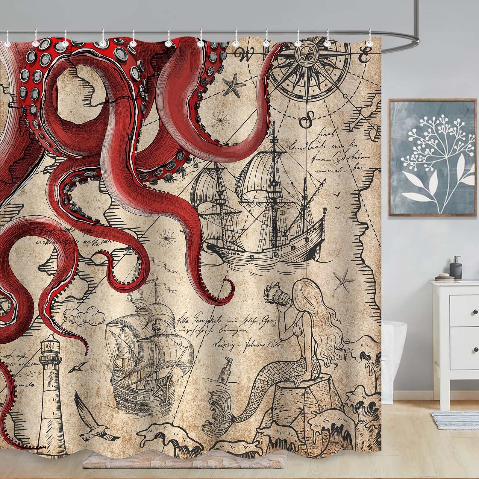 Fungarth Vintage Red Nautical Octopus Shower Curtain Mermaid Funny Ocean Kraken Shower Curtains for Bathroom Cool Anchor Coastal