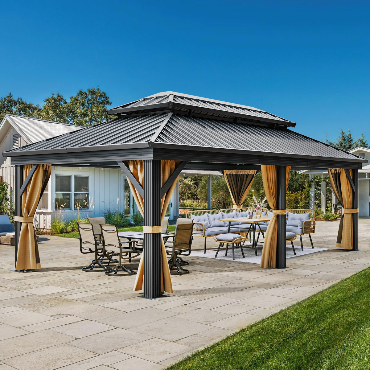Yitahome 12X18Ft Gazebo Double Roof Hardtop Canopy Outdoor Heavy Duty W/Nettings And Curtains, Upgraded Aluminum Column Galvaniz