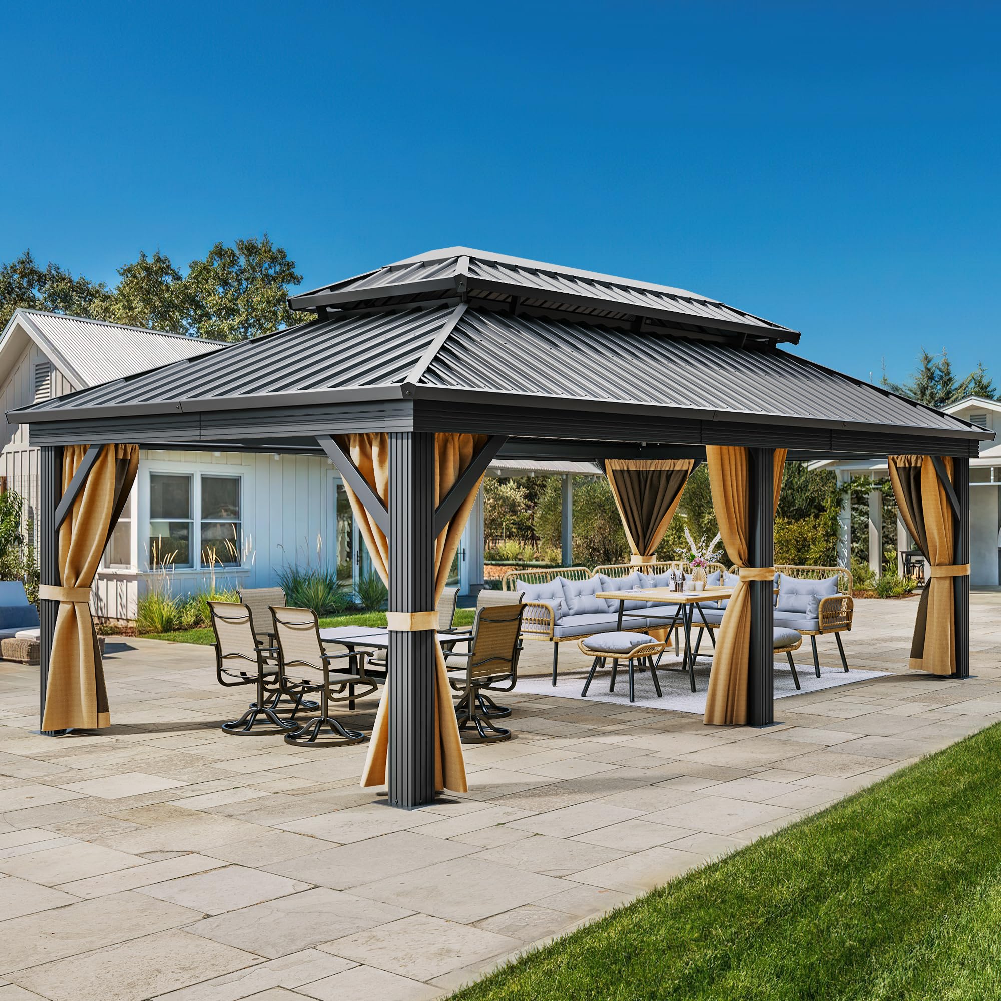 Yitahome 12X18Ft Gazebo Double Roof Hardtop Canopy Outdoor Heavy Duty W/Nettings And Curtains, Upgraded Aluminum Column Galvaniz