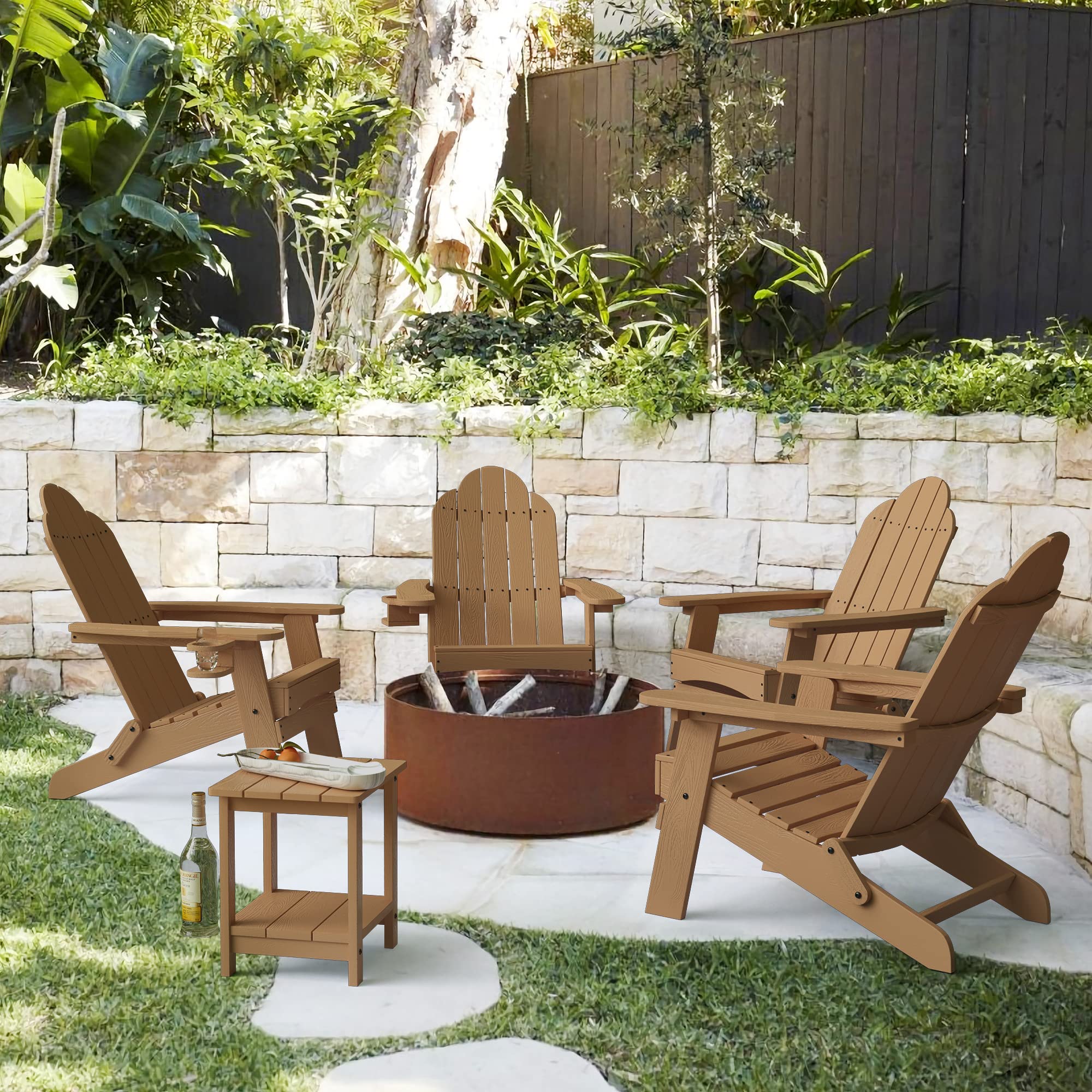Lue Bona Folding Adirondack Chair Set Of 4, Brown Hdps Fire Pit Patio Chairs Weather Resistant, Modern Plastic Outdoor Chairs With Cup Holder