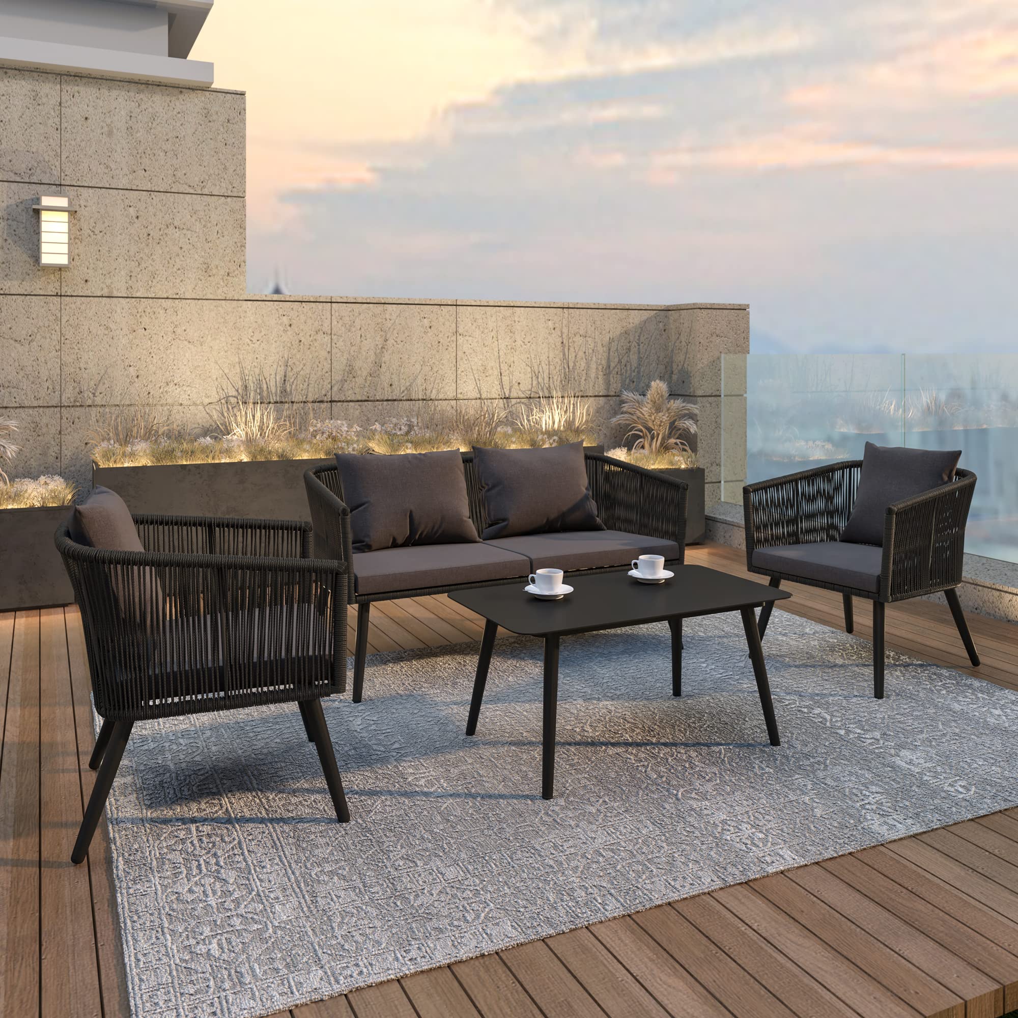 Flash Furniture Kierra 4 Piece Indoor/Outdoor Seating Set - Black Woven Back & Seat - Gray Zippered Removable Cushions - Aluminum Frames - Black Metal Plank Top Table