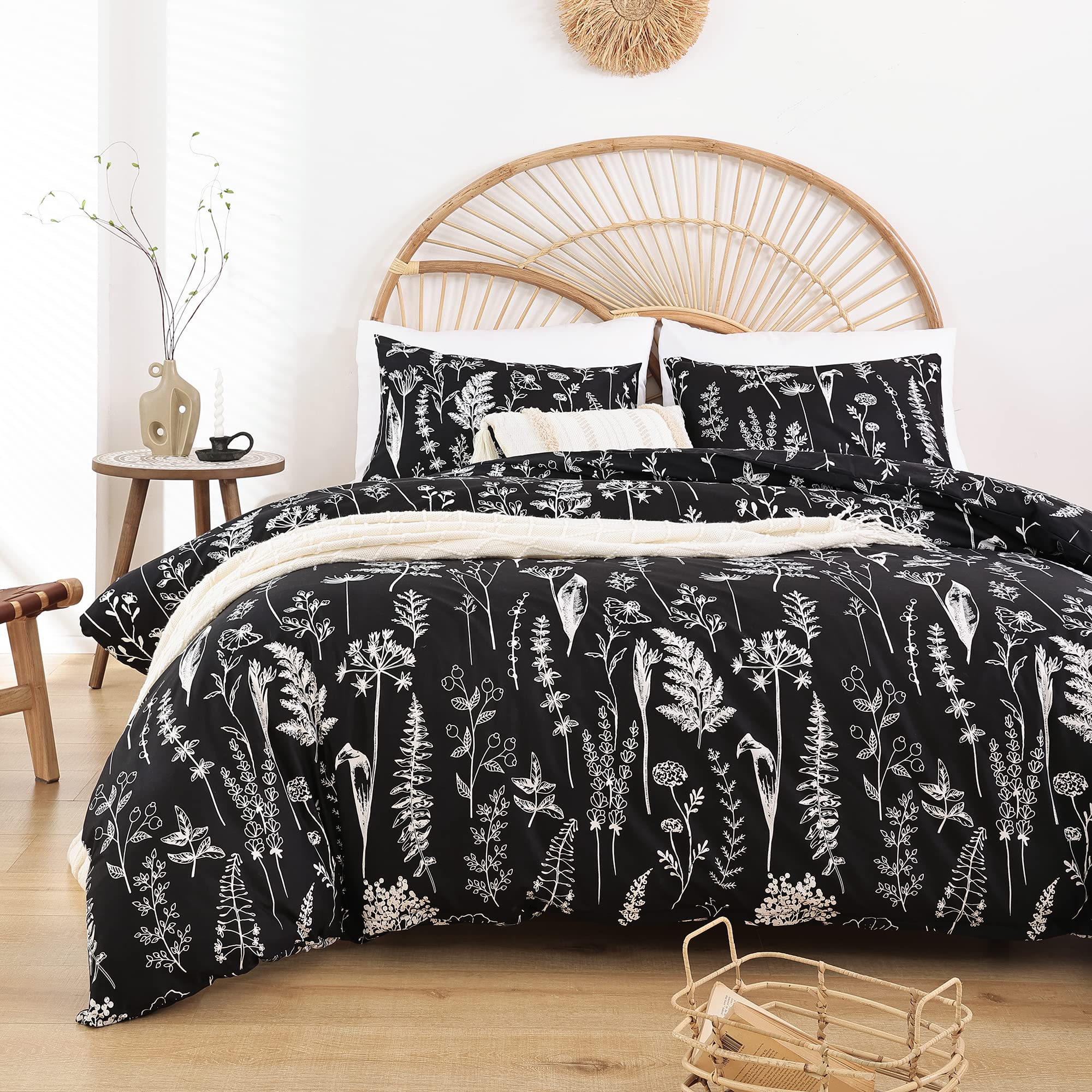 Janzaa Queen,3 Pcs Floral Comforter Set With Comforter, Black, Soft Microfiber Bedding Set With 2 Pillow Cases