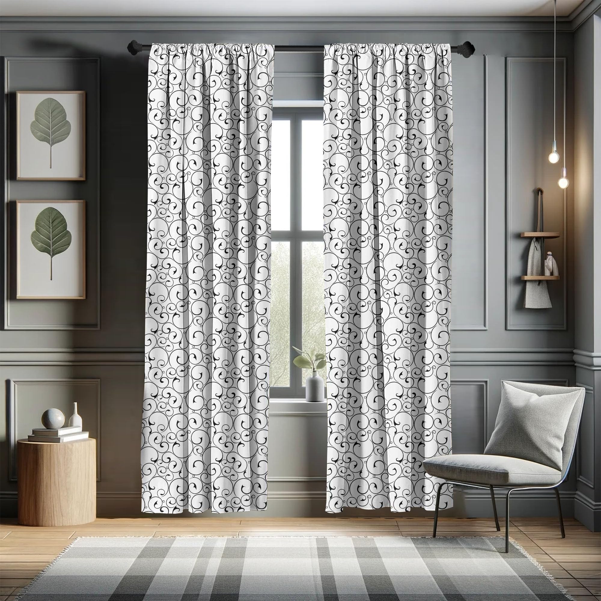 Ambesonne Black And White Curtains, Vintage Swirls Pattern With Monochrome Ornamental Old-Fashioned Design, Window Treatments 2
