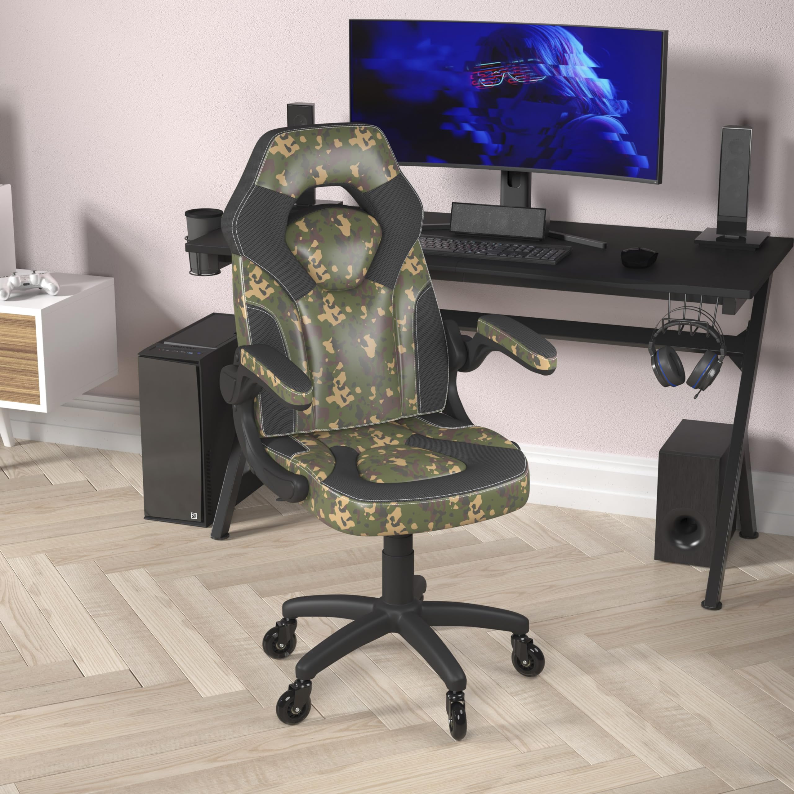 Flash Furniture X10 Gaming Chair Racing Computer Pc Adjustable Chair With Flip-Up Arms And Transparent Roller Wheels, Camouflage/Black Leathersoft