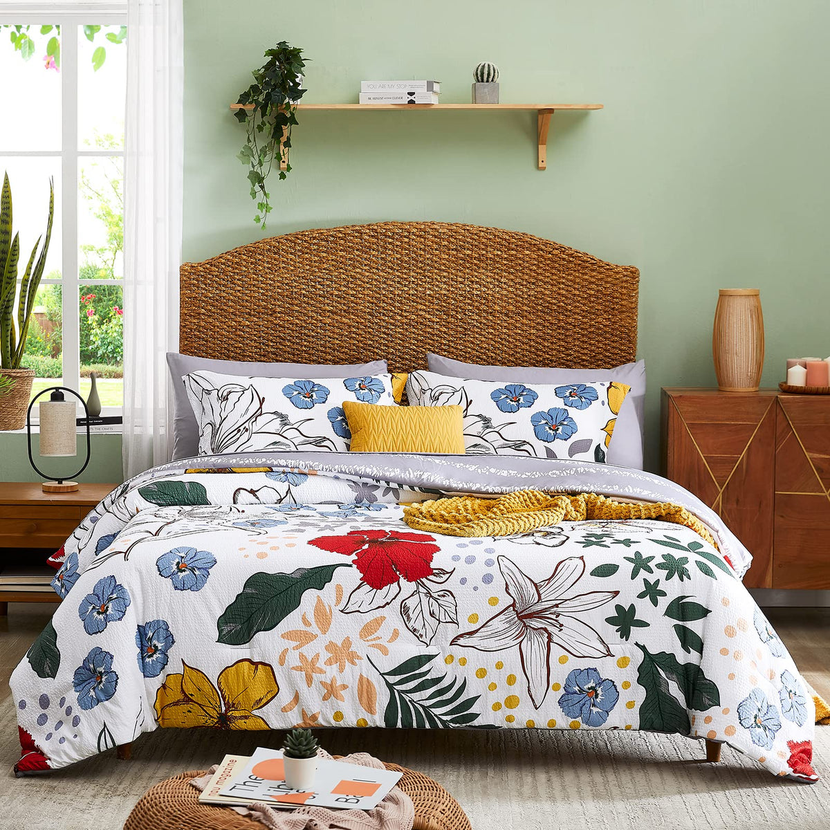 Casaagusto Full Comforter Set, 7 Pcs White Floral Comforter Set With Flowers Leaves Pattern, Soft Seersucker Design All Season M
