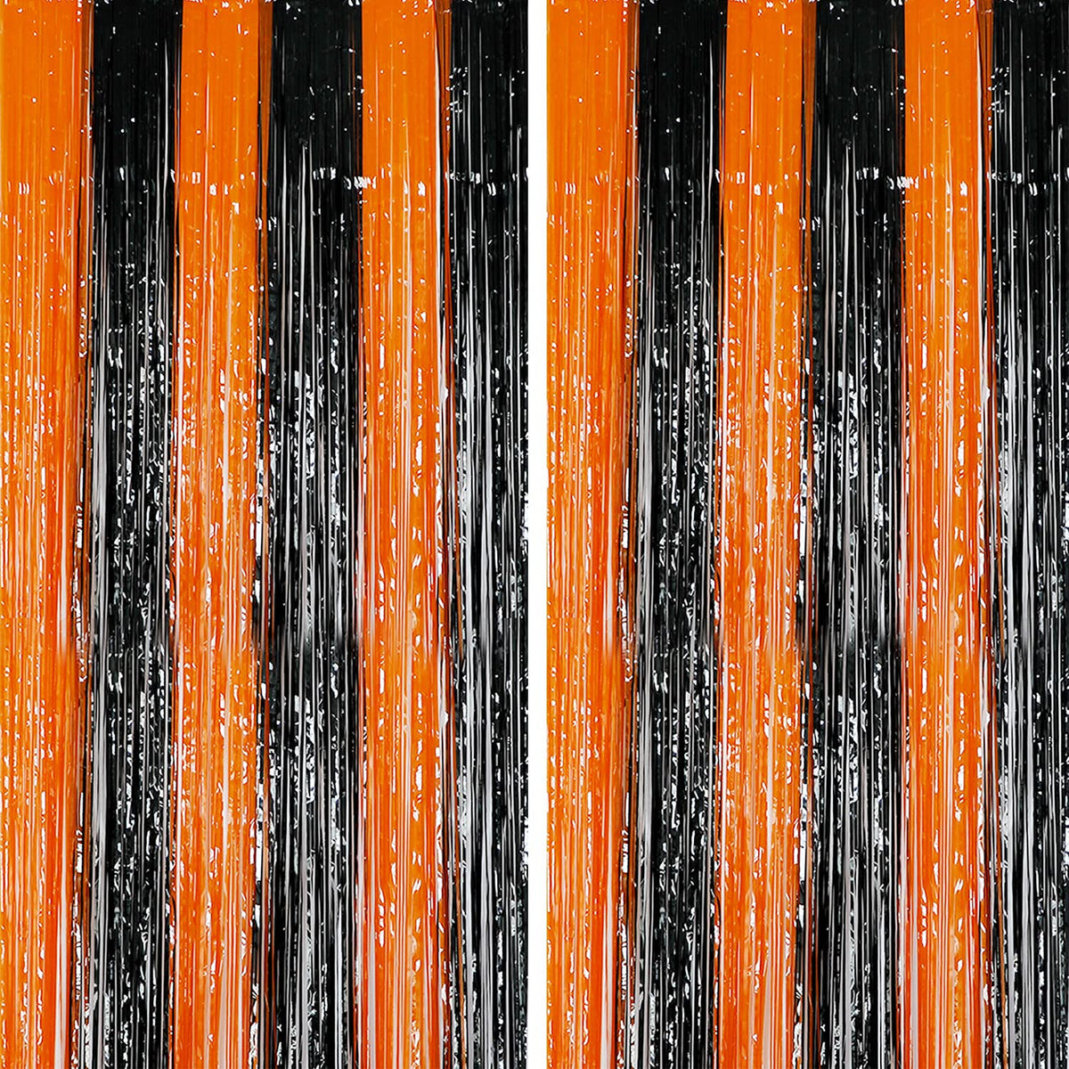 2 Packs 3.3ft x 8.2ft Halloween Black Orange Tinsel Foil Fringe Curtains, Metallic Foil Curtains for Home Outdoor Halloween Part