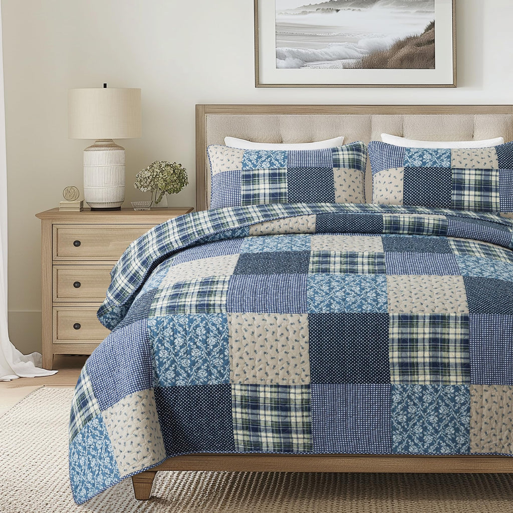 Slpr Blue Symphony Cotton Pieced Quilt Set - Queen With 2 Shams, Farmhouse Patchwork Quilted Bedspread With Check And Plaid Patt
