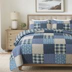 Slpr Blue Symphony Cotton Pieced Quilt Set - Queen With 2 Shams, Farmhouse Patchwork Quilted Bedspread With Check And Plaid Patt