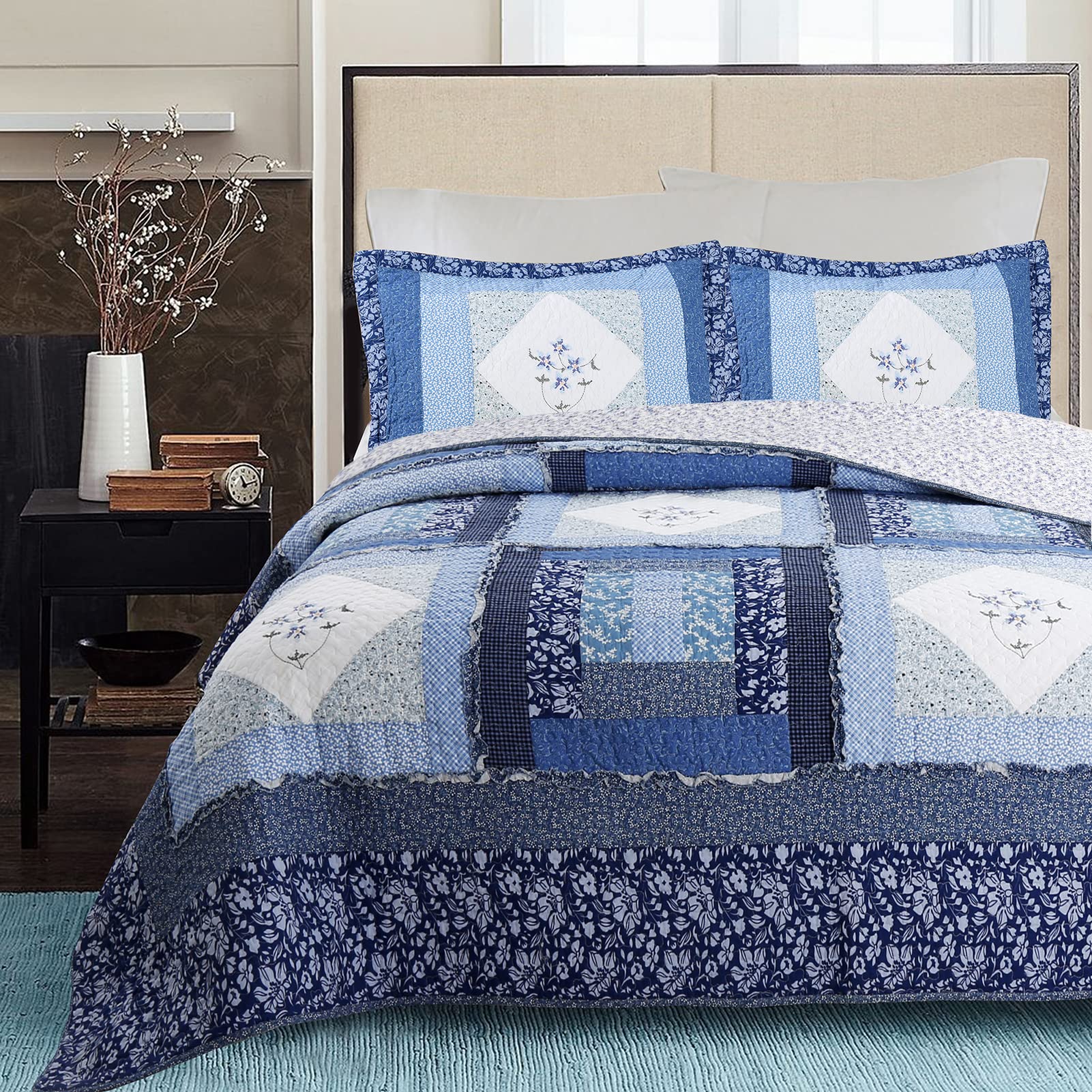Cozy Line Home Fashions 100% Cotton Real Patchwork Navy Vintage Floral Embroidered Reversible Quilt Bedding Set Coverlet Bedspre