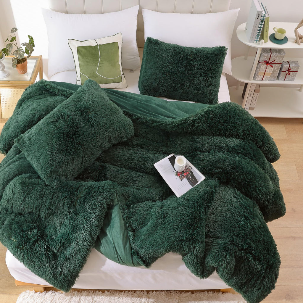 Smoofy Faux Fur Emerald Green Comforter Set Queen Size 3Pcs Fluffy Fuzzy Plush Comforter Set Cute Soft Shaggy Velvet Double-Side