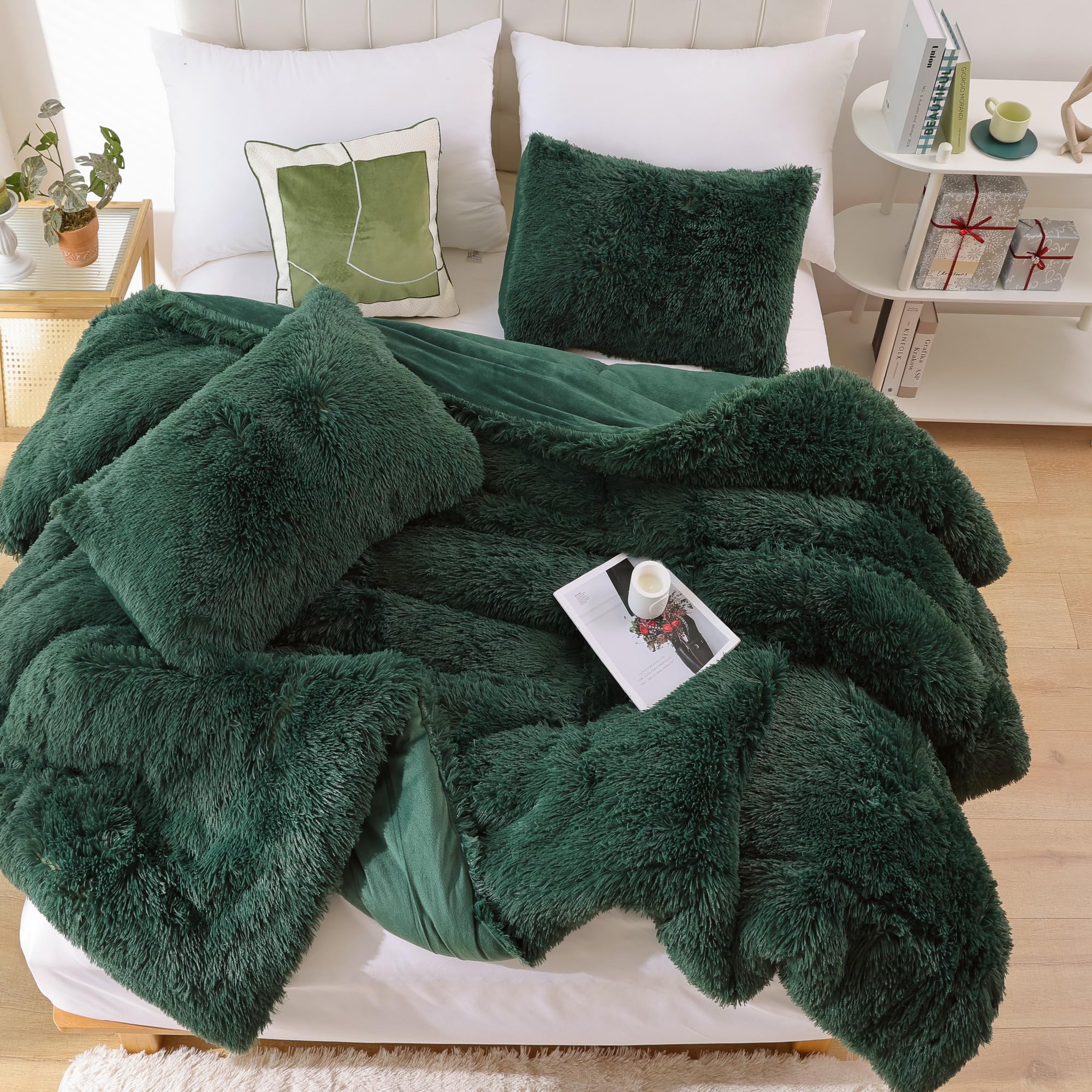 Smoofy Faux Fur Emerald Green Comforter Set Queen Size 3Pcs Fluffy Fuzzy Plush Comforter Set Cute Soft Shaggy Velvet Double-Side