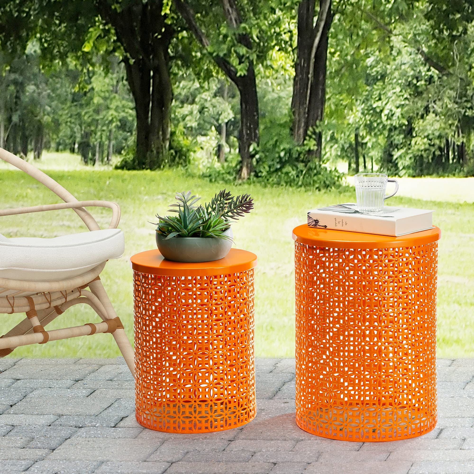 Glitzhome Nesting Side Table Set Of 2 Decorative Garden Stools For Indoor Outdoor Heavy Duty Metal Frame Side Table Modern End Table, Glossy Orange