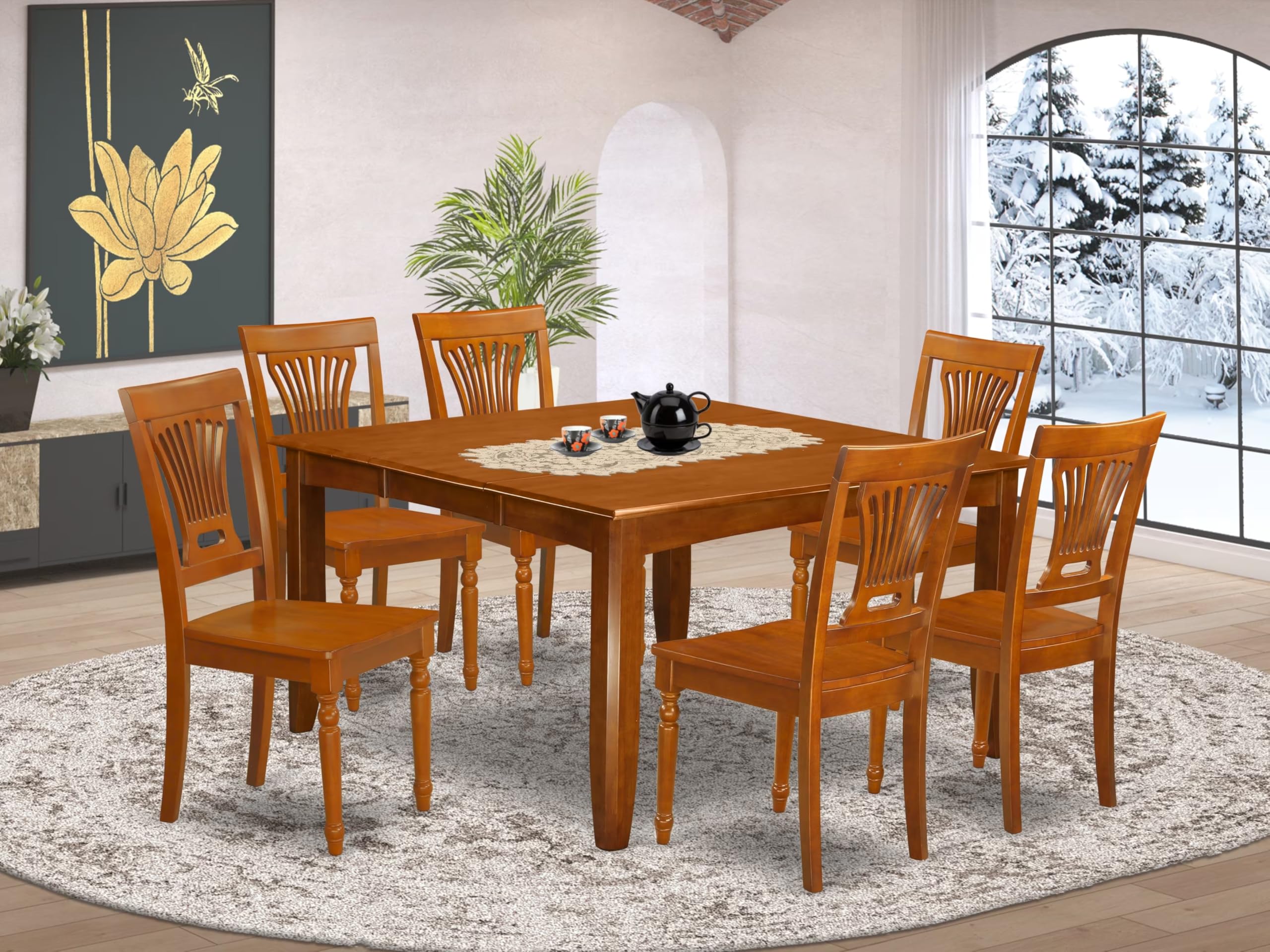East West Furniture PFPL7-SBR-W 7 Piece Dining Room Table Set Consist of a Square Kitchen Table with Butterfly Leaf and 6 Dining Chairs, 54x54 Inch, Saddle Brown