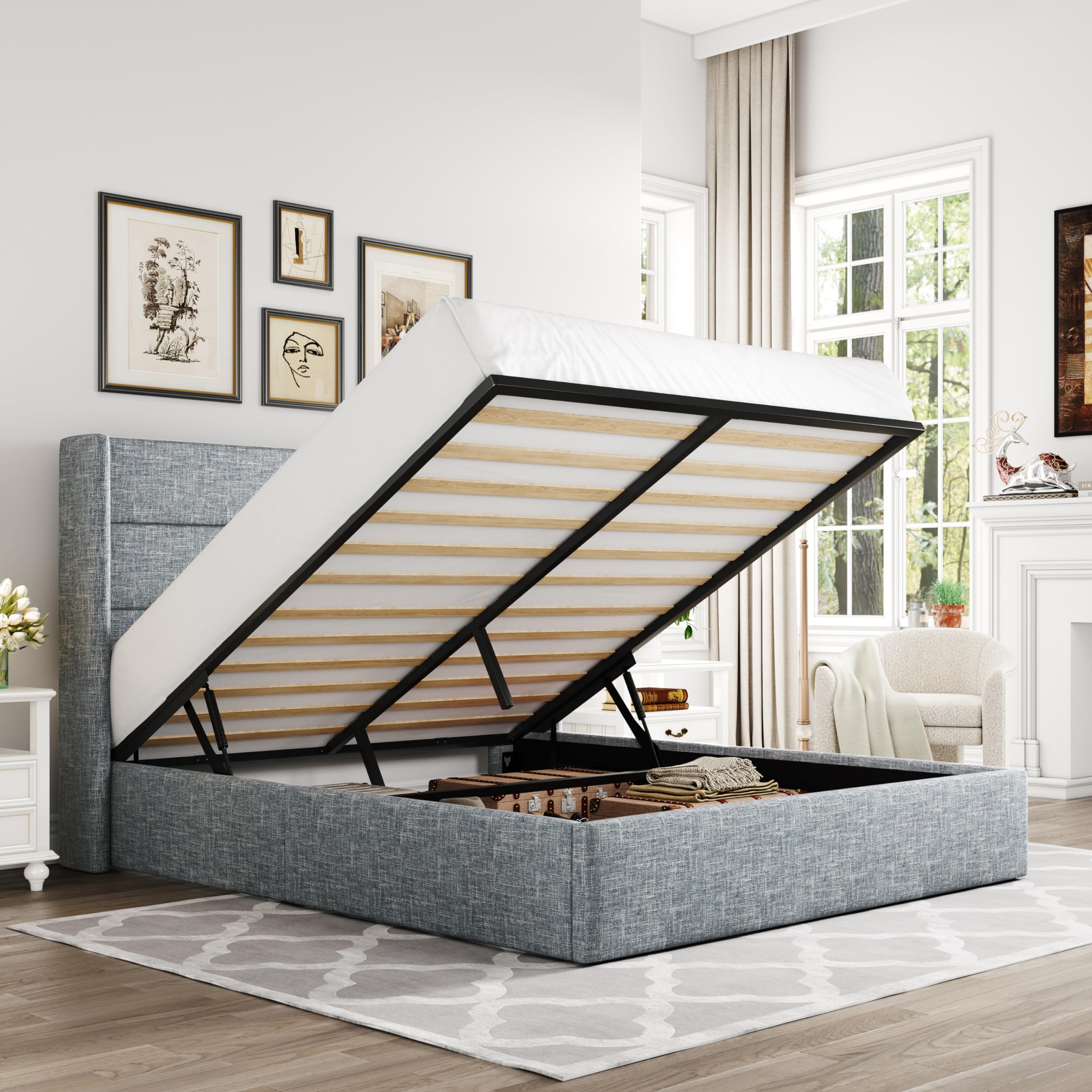 Allewie Full Size Lift Up Storage Bed, Modern Wingback Headboard, Hydraulic Support, No Box Spring Needed, Grey Blue