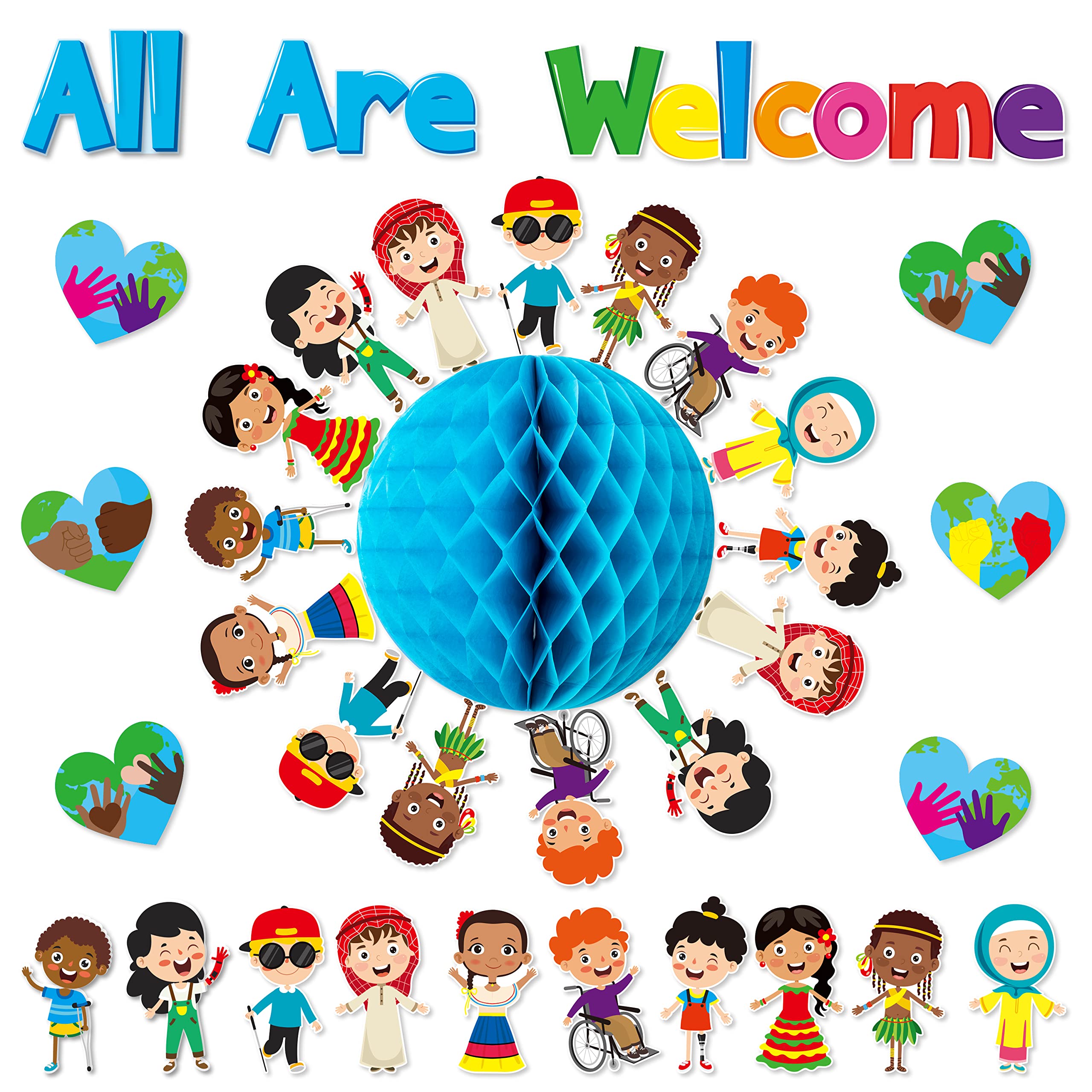 Beyumi 75Pcs Student Diversity Bulletin Board Set All Are Welcome Hearts Cutouts Earth Honeycomb Inclusion Multicultural Bulleti