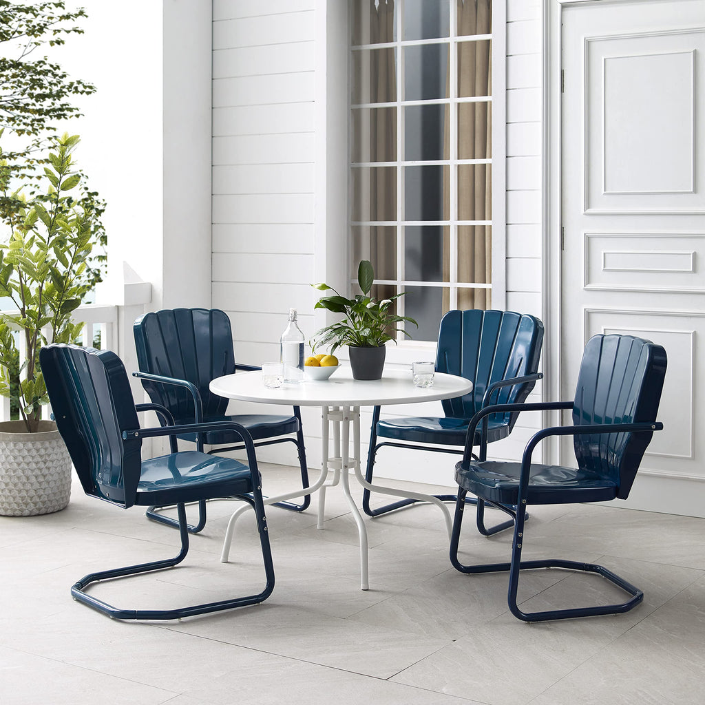 Crosley Furniture Ridgeland 5-Piece Outdoor Dining Set for 4, Retro Metal Round Patio Table and Chairs, Navy Gloss