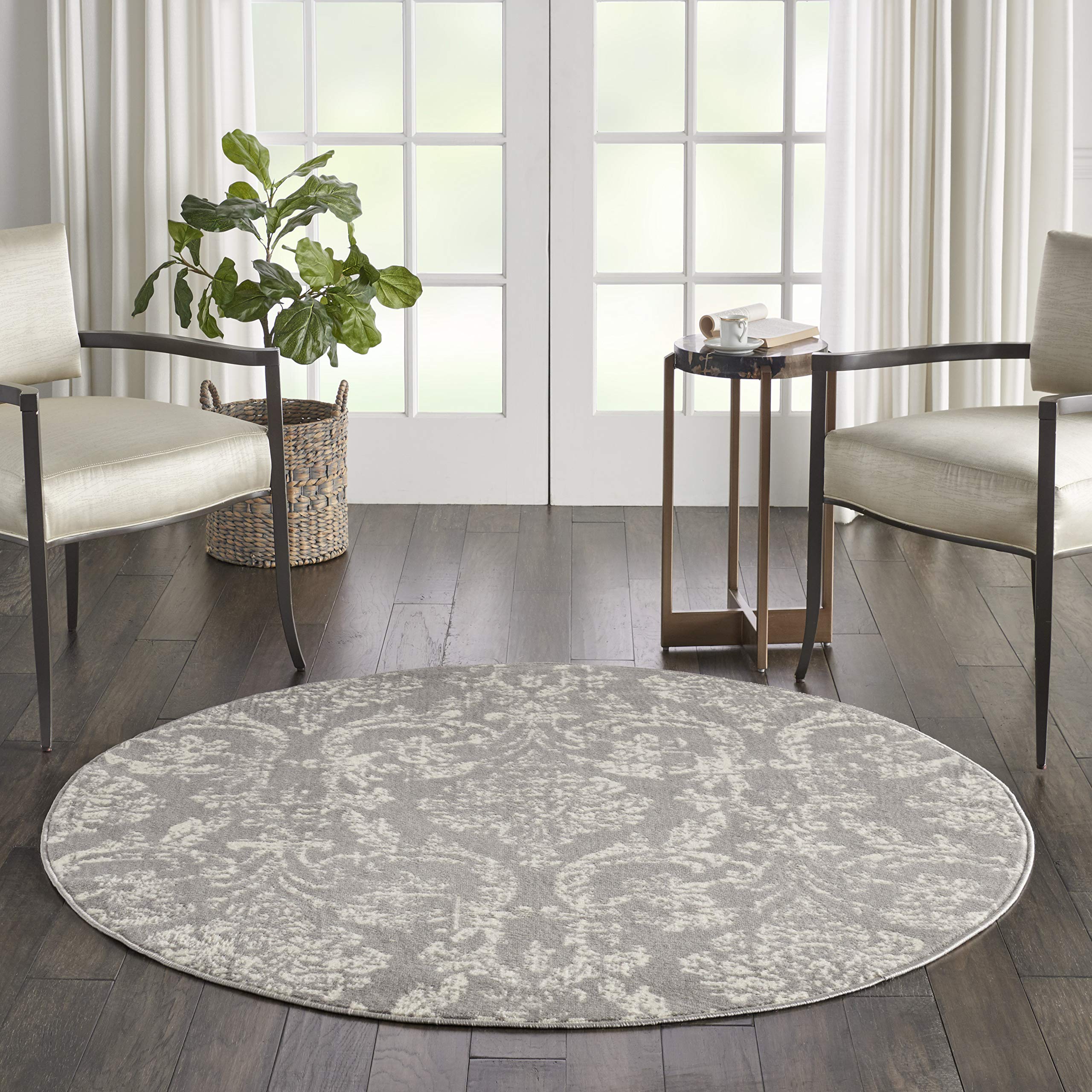 Nourison Jubilant Damask Grey 53 x Round Area-Rug, Easy-Cleaning, Non Shedding, Bed Room, Living Room, Dining Room, Kitchen (