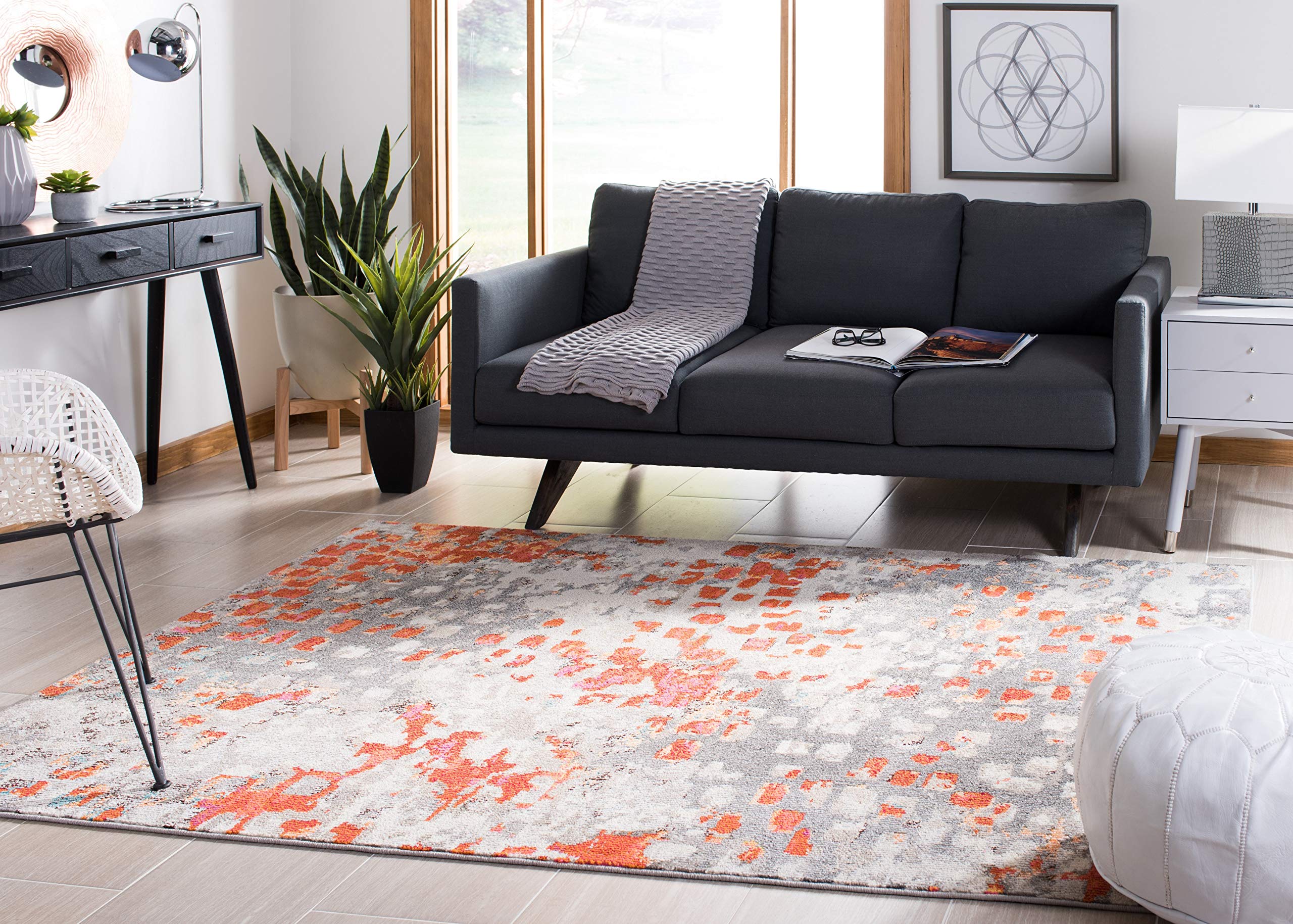 Safavieh Madison Collection 3' Square Grey/Orange Mad425H Boho Abstract Distressed Non-Shedding Living Room Bedroom Accent Rug