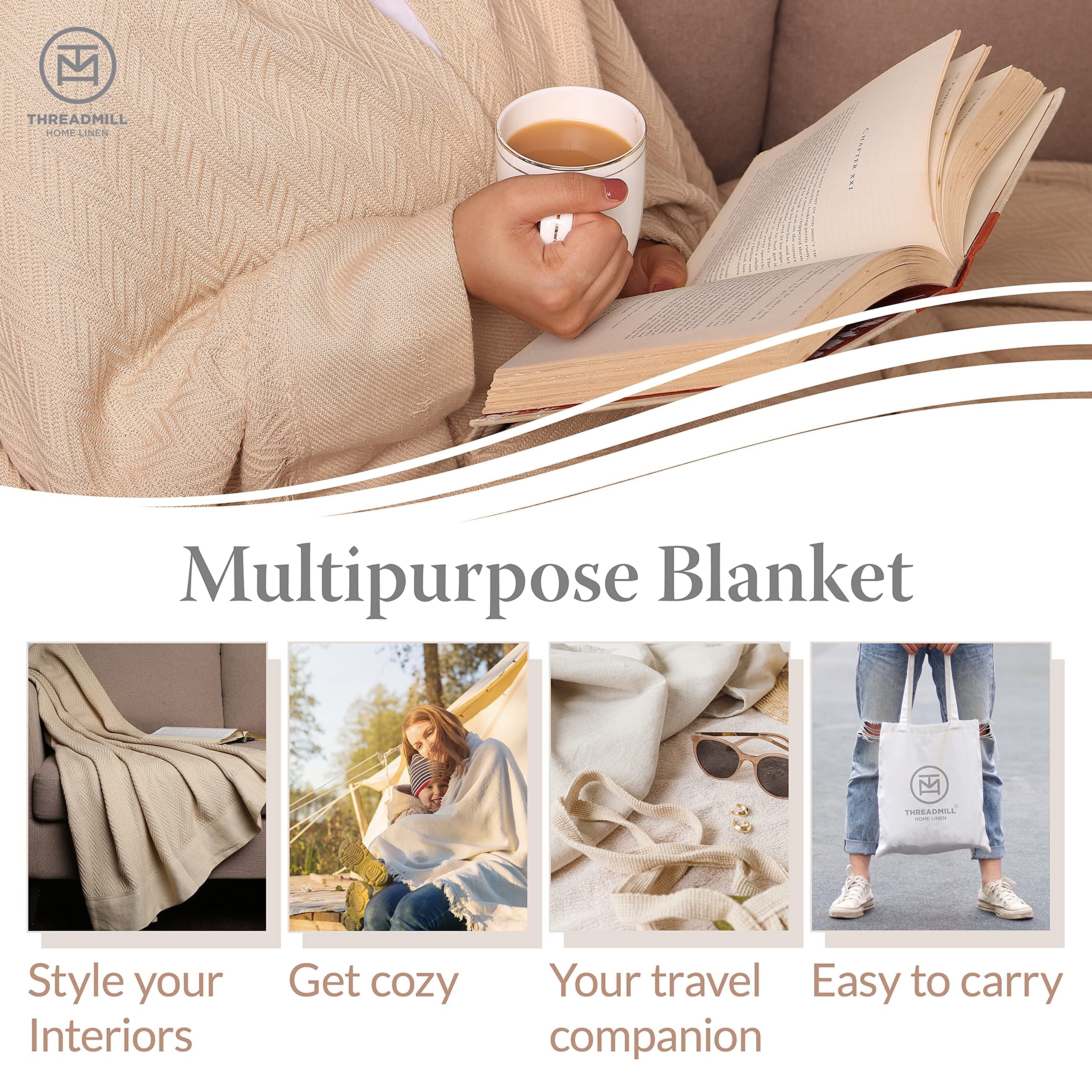 Threadmill Luxury Cotton Blankets For King Size Bed | All-Season Cozy 100% Cotton King Size Blanket | Herringbone Soft & Lightwe