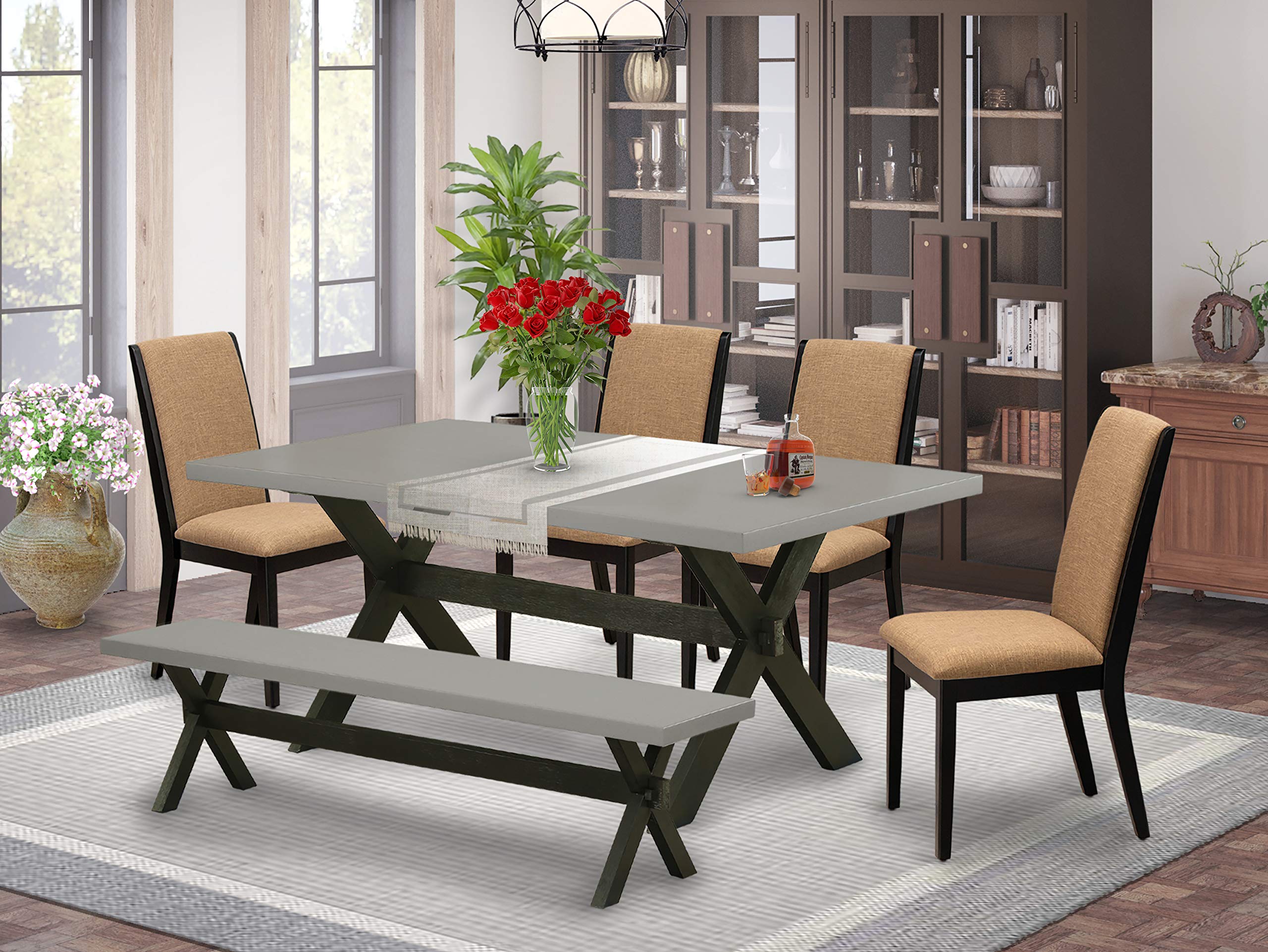 East West Furniture X-Style 6 Piece Set Contains A Rectangle Dining Room Table And 4 Light Sable Linen Fabric Parson Chairs With A Bench, 40X72 Inch, Multi-Color