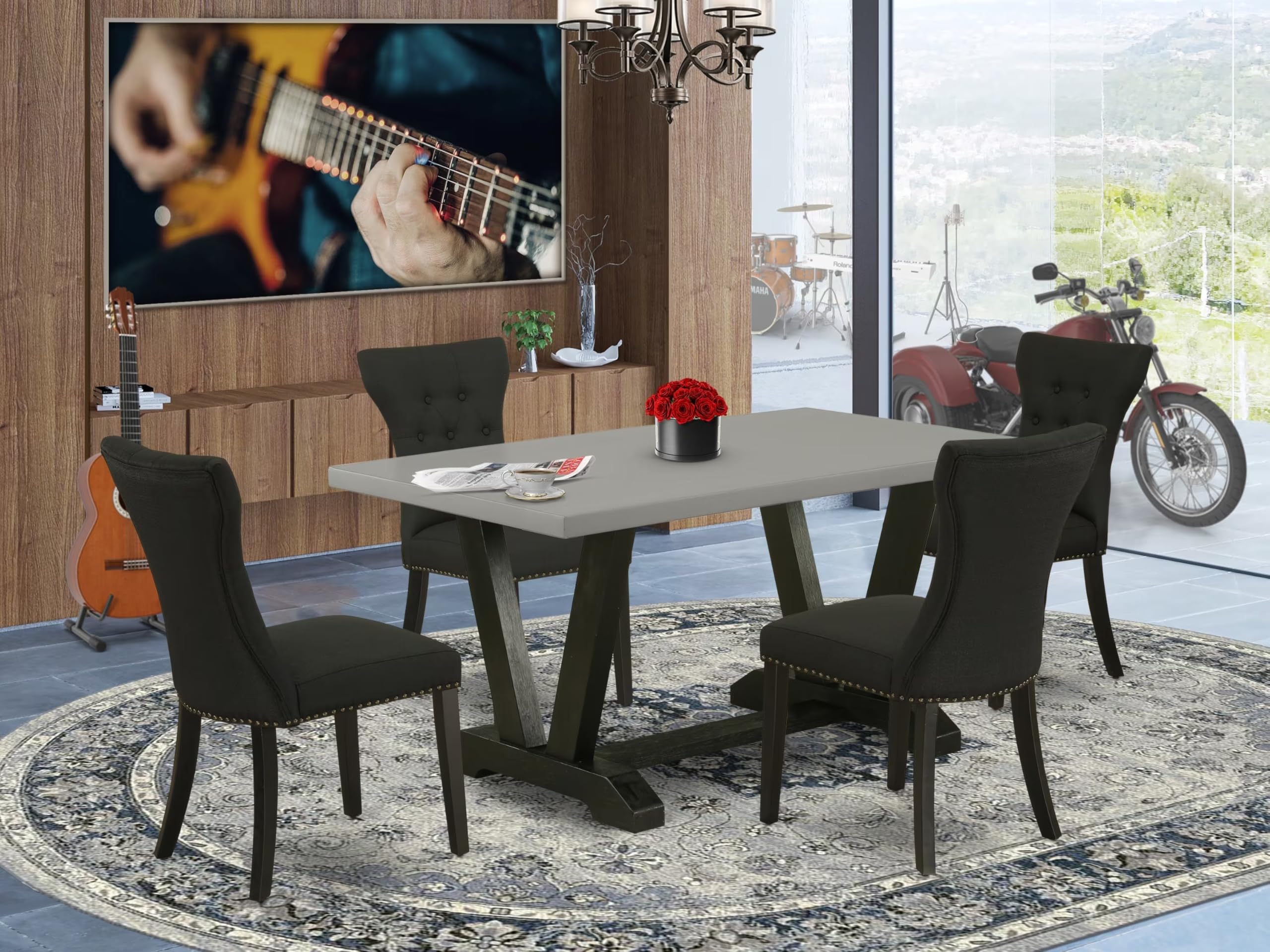 East West Furniture V696Ga124-5 5 Piece Dining Room Furniture Set Includes A Rectangle Dining Table With V-Legs And 4 Black Linen Fabric Upholstered Chairs, 36X60 Inch, Multi-Color