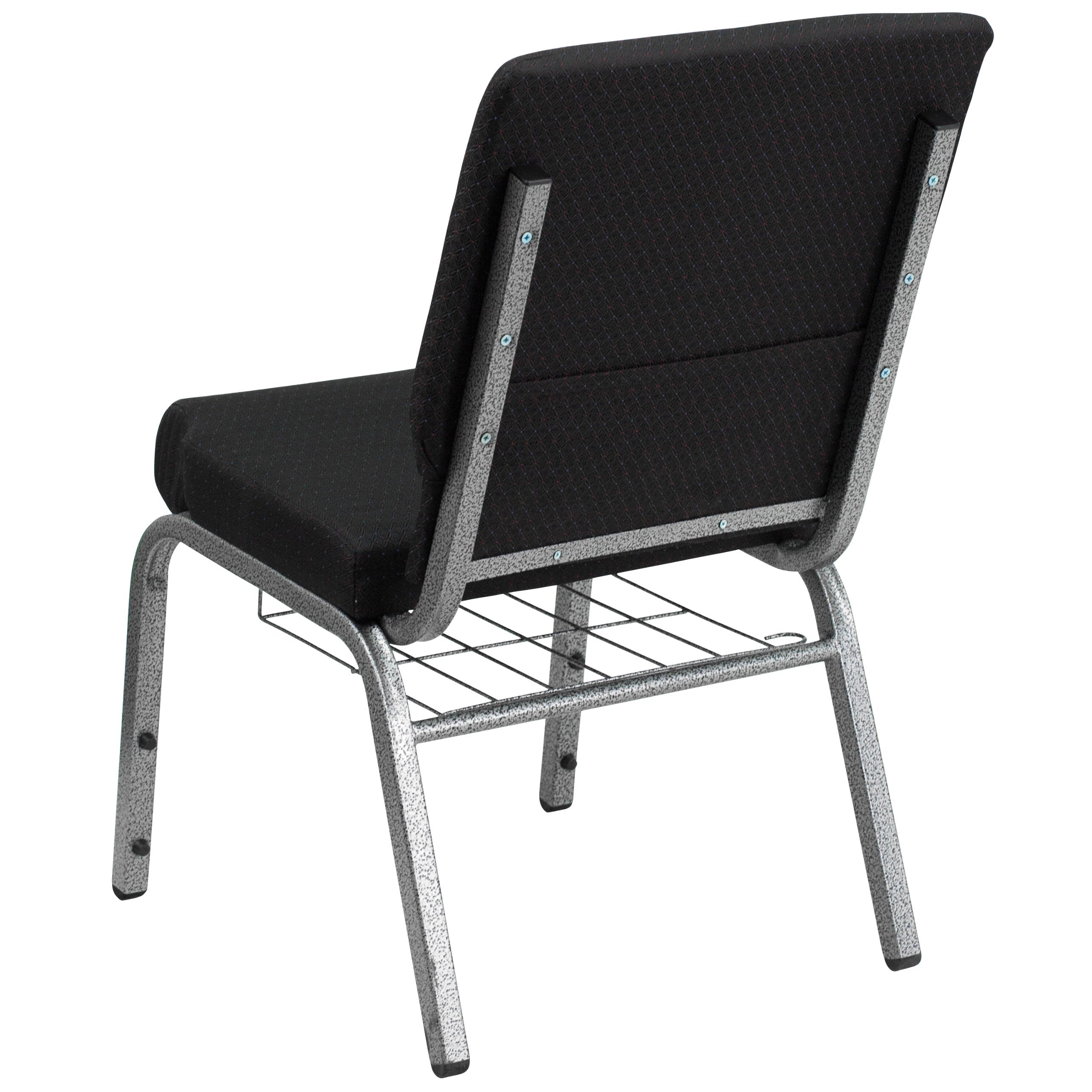 Flash Furniture HERCULES Series 18.5''W Church Chair in Black Patterned Fabric with Cup Book Rack - Silver Vein Frame
