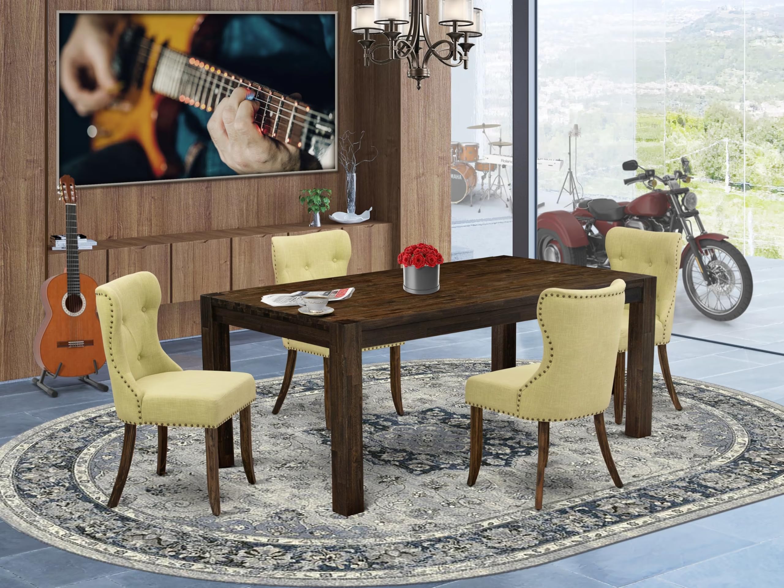 East West Furniture Lmsi5-77-37 5 Piece Dinette Set For 4 Includes A Rectangle Rustic Wood Dining Room Table And 4 Limelight Linen Fabric Parsons Dining Chairs, 40X72 Inch, Jacobean