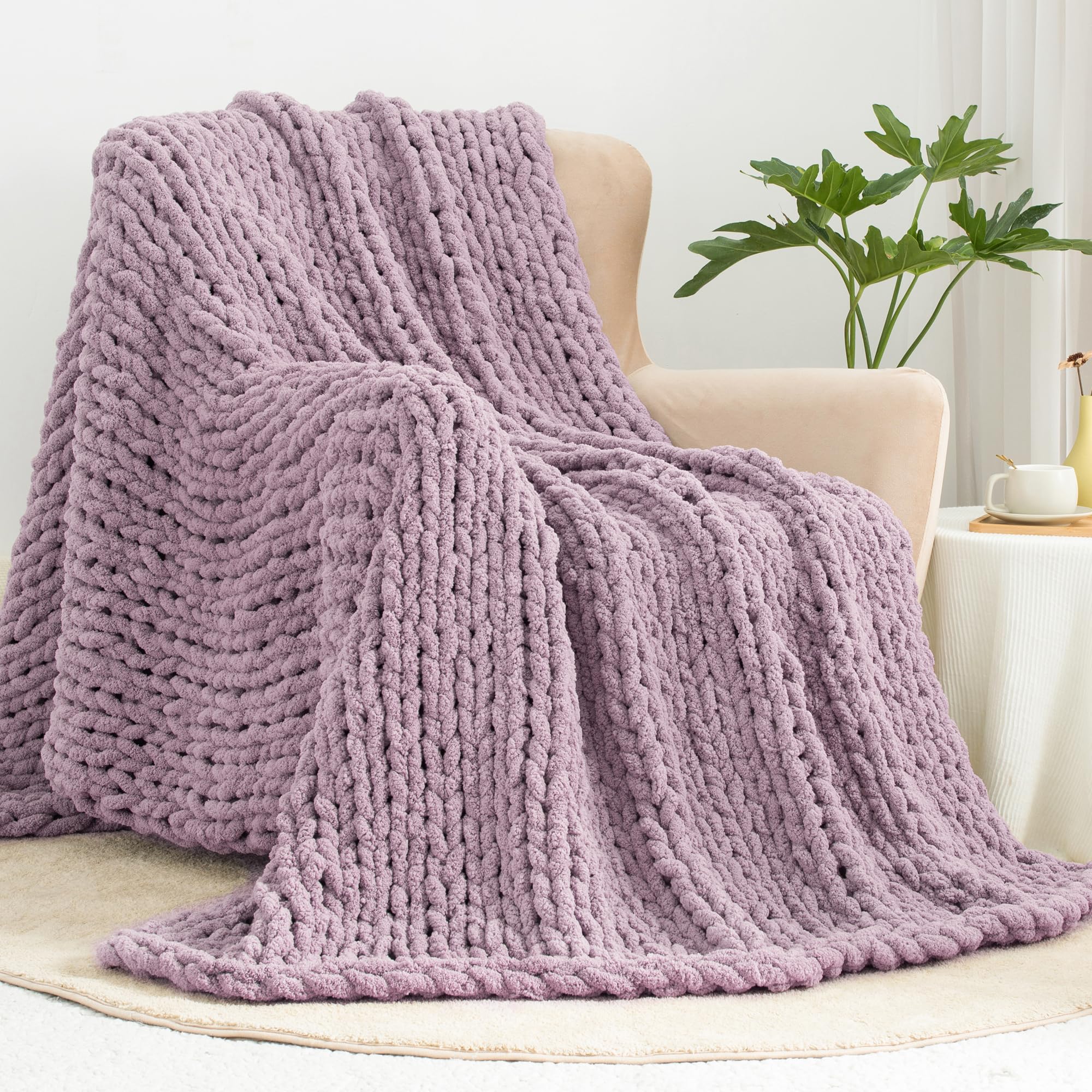 Carriediosa Chunky Knit Throw Blanket 50'' X 60'', 100% Hand Made Large Chenille Loop Yarn Soft Fluffy Throws For Couch Sofa Bed
