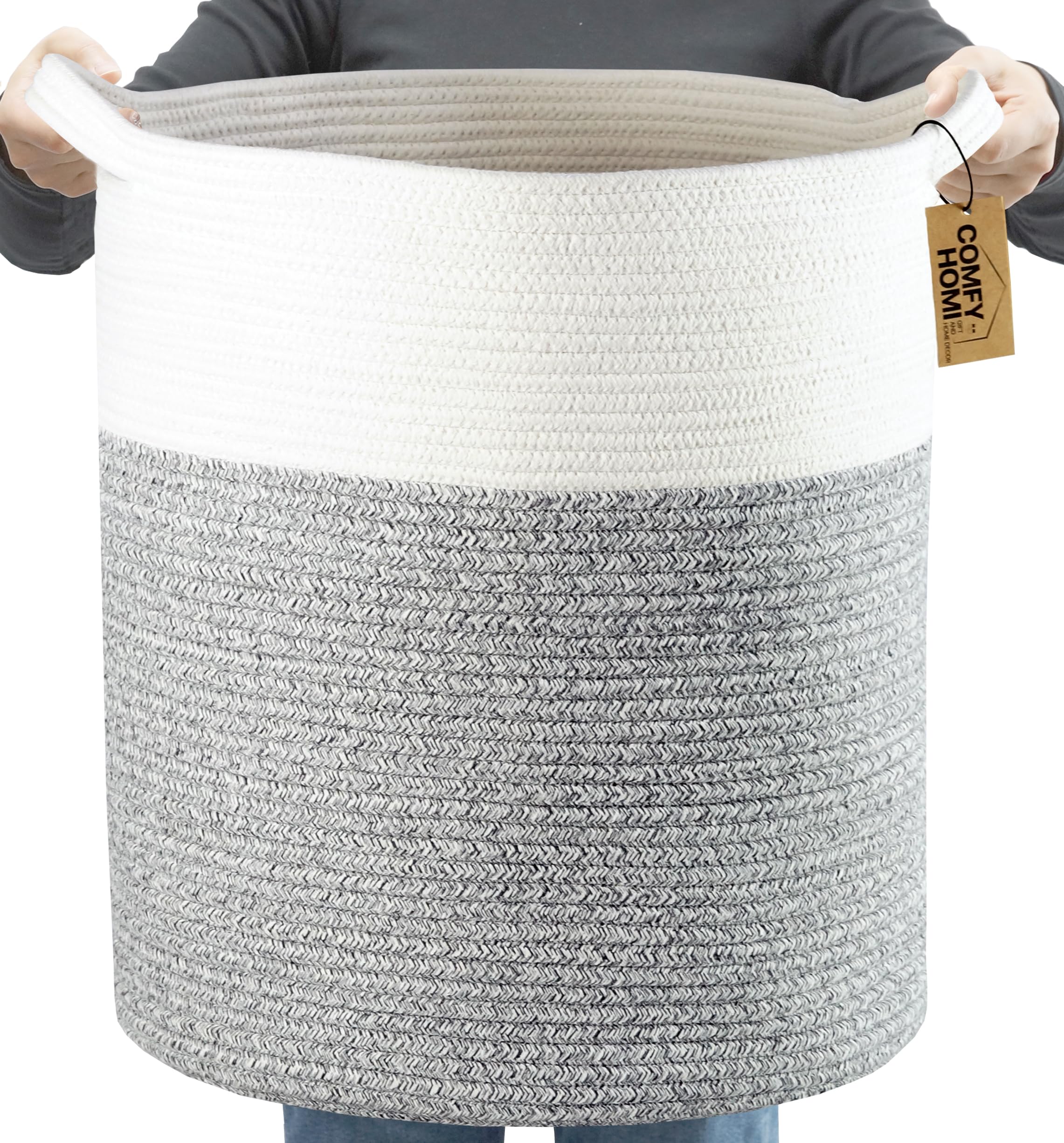 COMFY-HOMI XXL Large Laundry Basket with Handles Blanket Baskets Living Room|Woven Cotton Rope Decorative Basket Laundry Hamper 