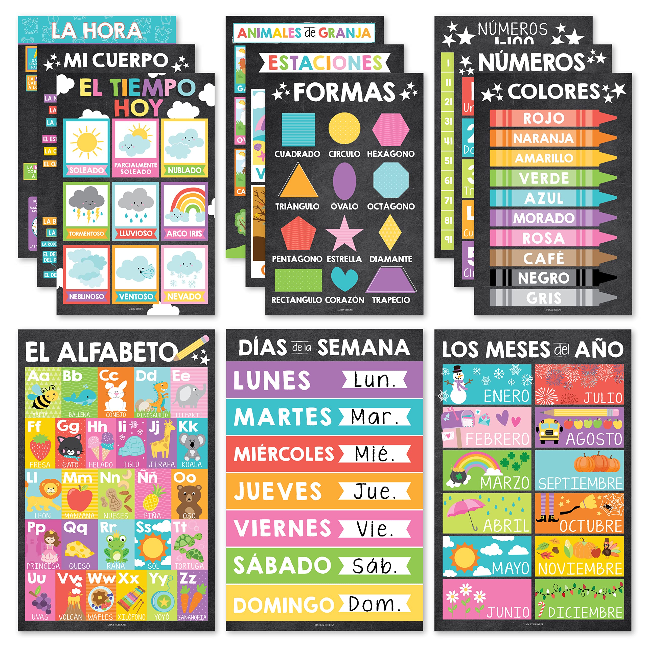 12 Chalkboard Spanish Educational Posters For Toddlers Spanish Posters For Classroom - Spanish Preschool Posters In Spanish Clas